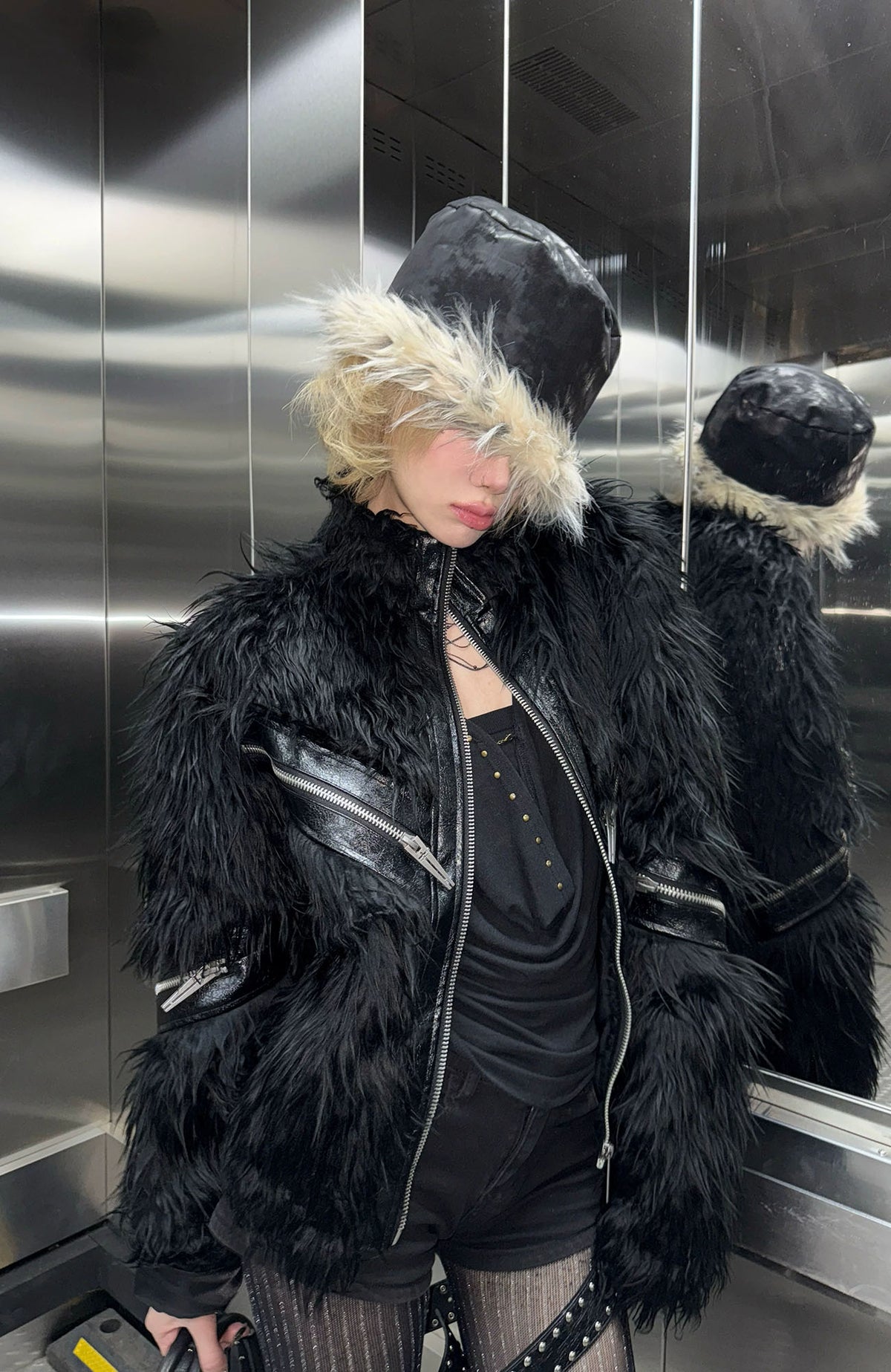 REBEL WAVE Faux Leather Zippered Faux Fur Jacket