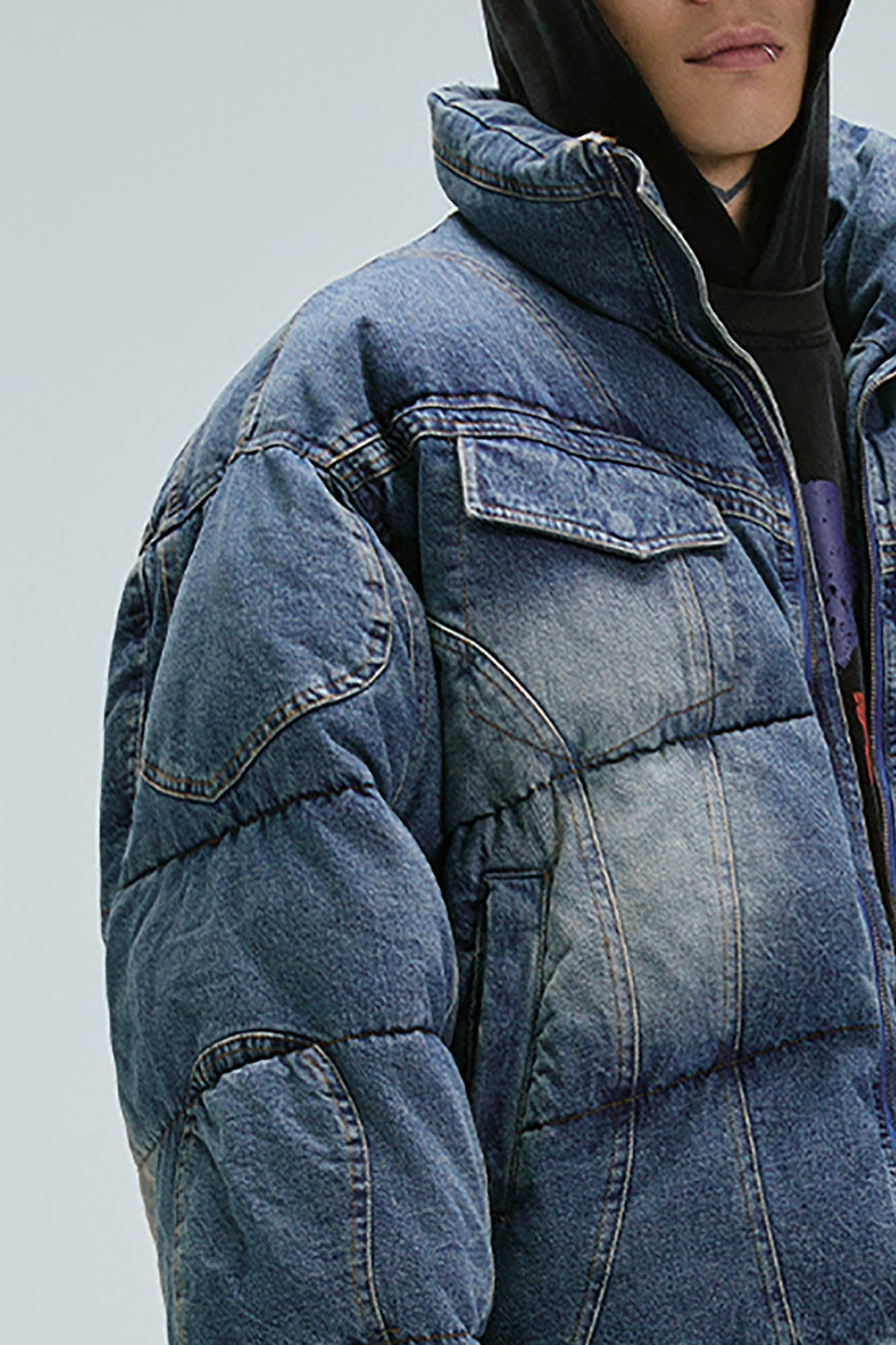 F2CE Washed Spliced Denim Puffer Jacket