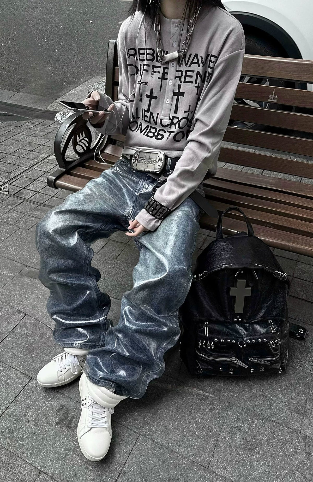 REBEL WAVE Frayed Raw-Edge Wax-Coated Flared Jeans