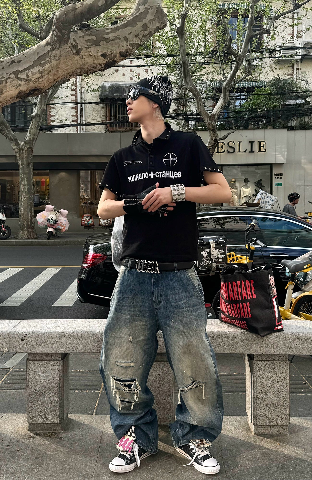 REBEL WAVE Studded LOGO Graphic Polo Shirt