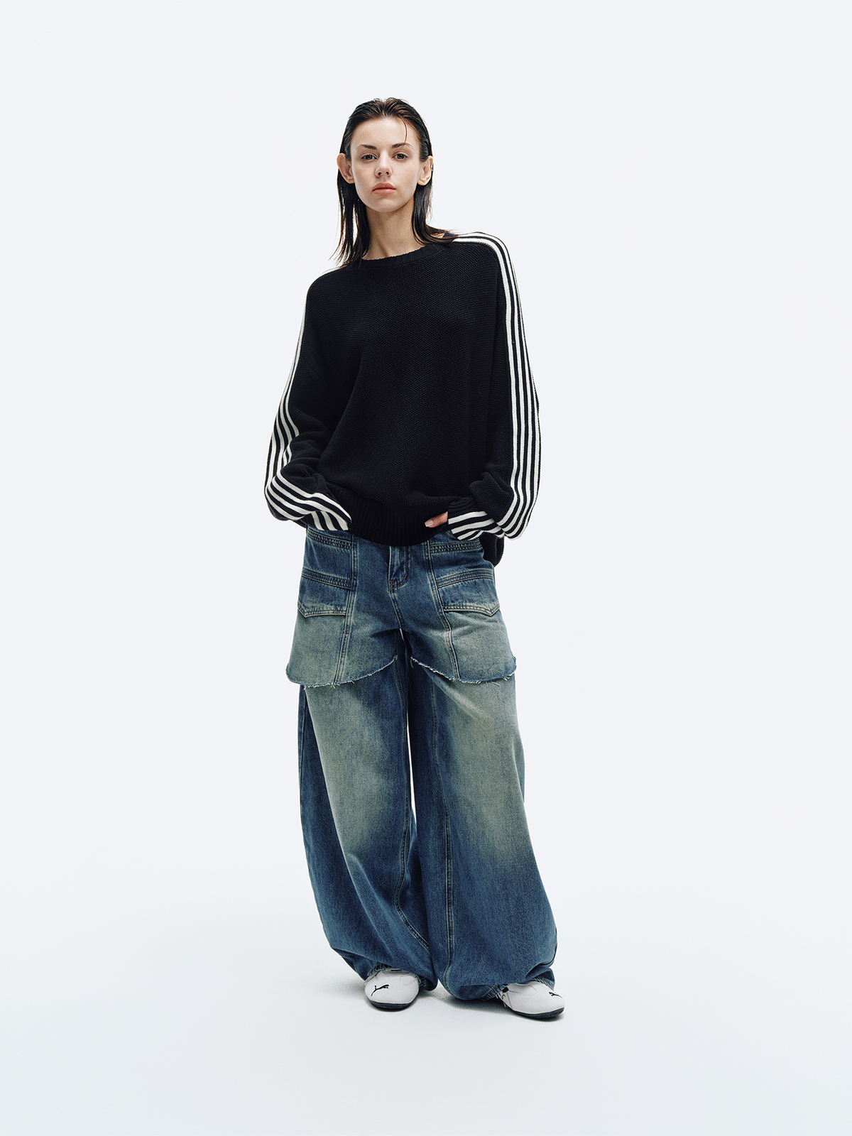 HAHAHA Spliced Washed Faux Layered Jeans