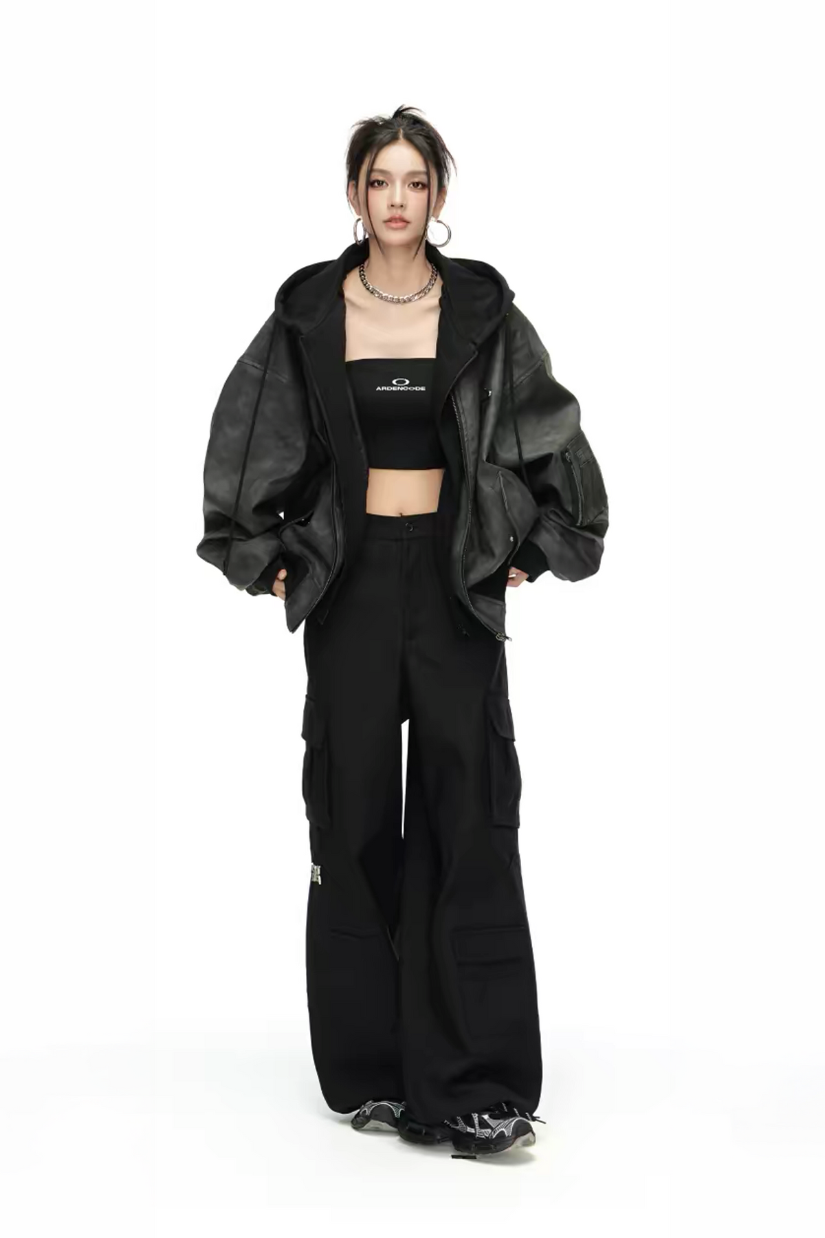 ARDENCODE Oversized Hooded Faux Leather Bomber Jacket, premium urban and streetwear designers apparel on PROJECTISR.com, ARDENCODE