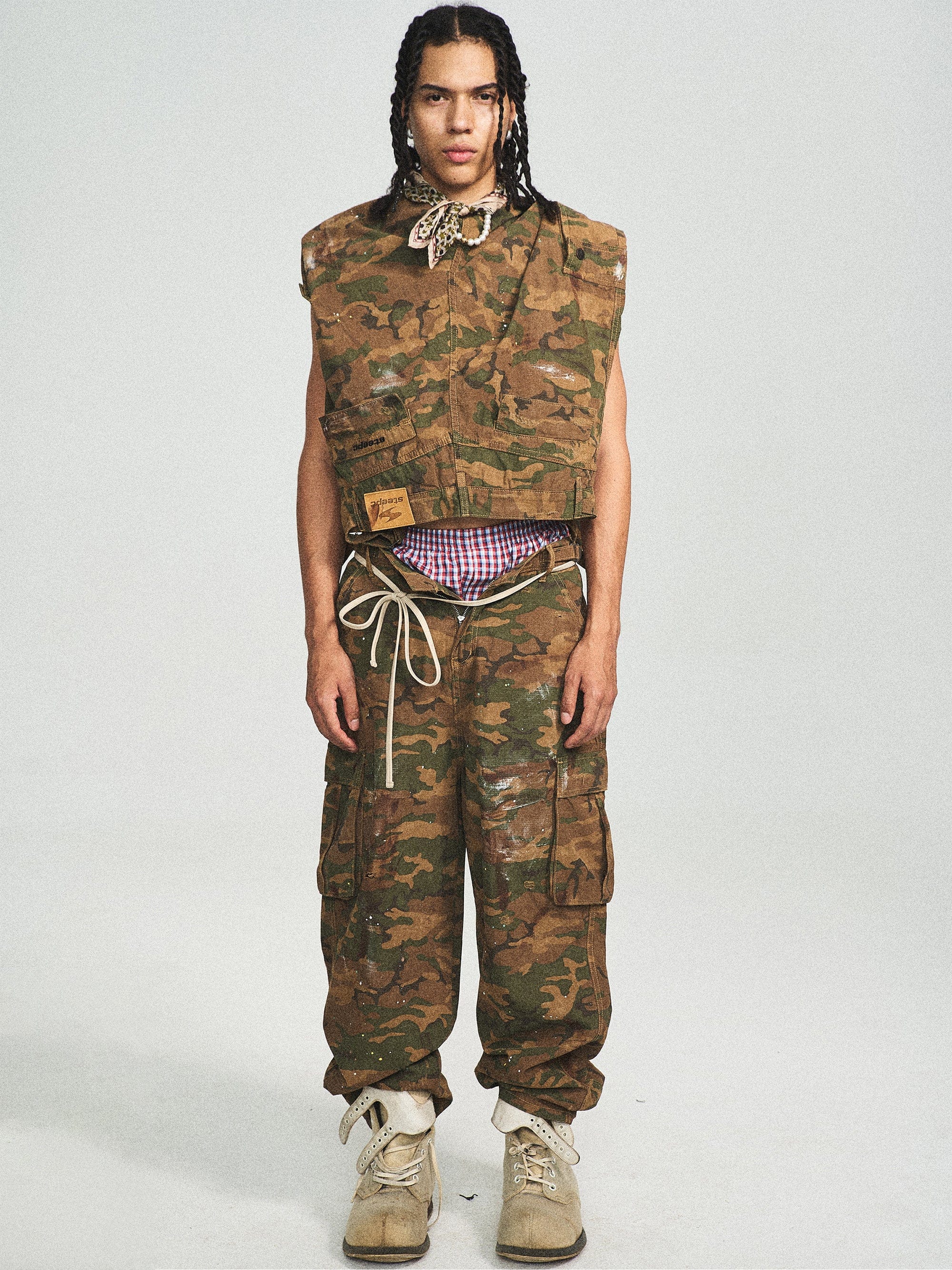 STEEPC Ink-Splashed Camo Cargo Pants Green