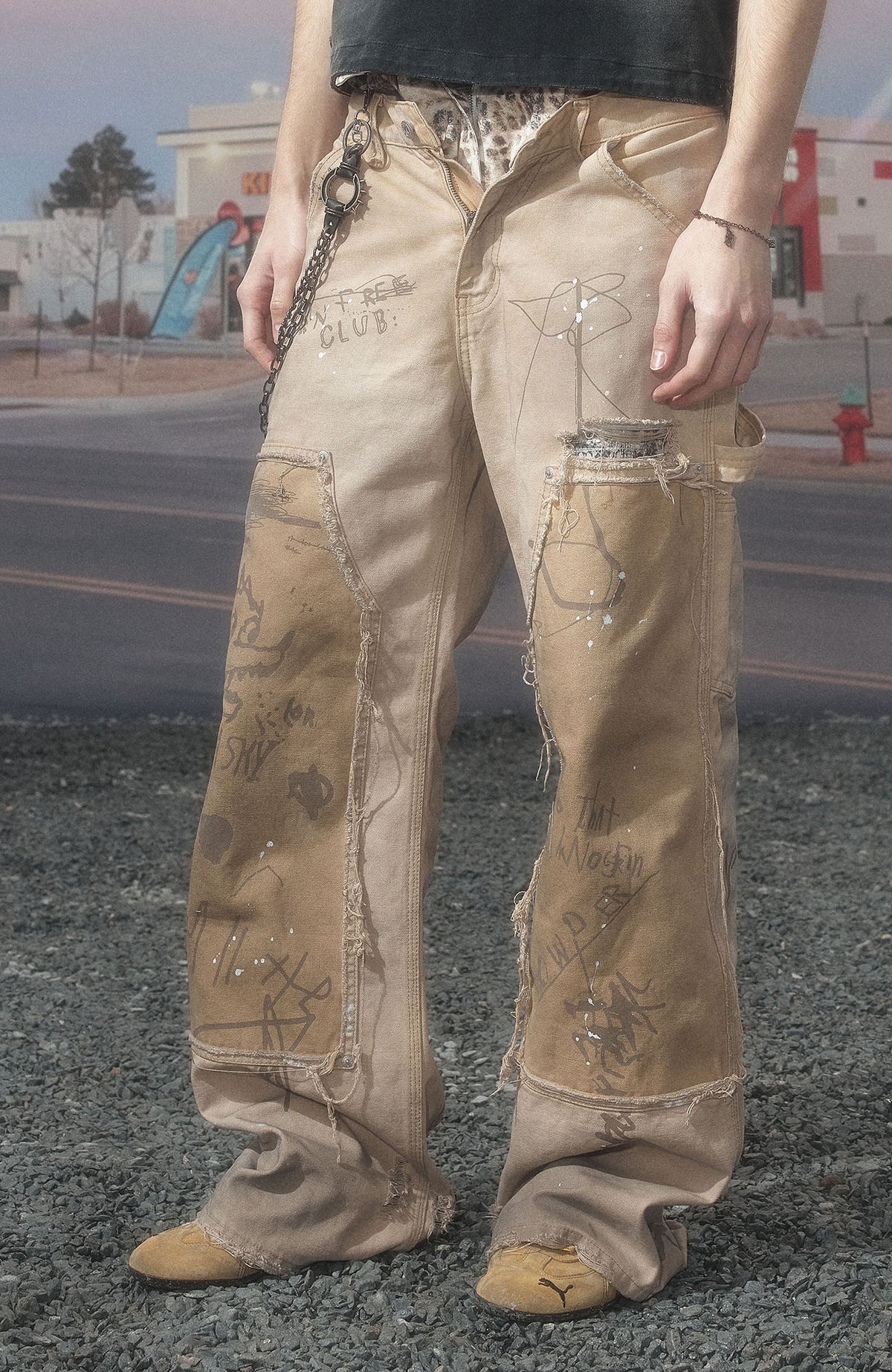 KLICK CLAK Washed Distressed Graffiti Raw Wood Jeans