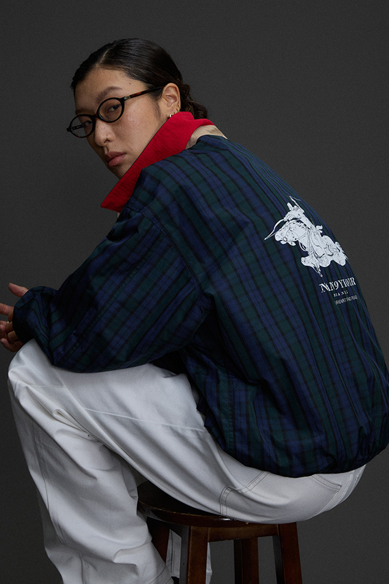 NIANJIUYIKOUER Deer Graphic Plaid Harrington Jacket, premium urban and streetwear designers apparel on PROJECTISR.com, NIANJIUYIKOUER
