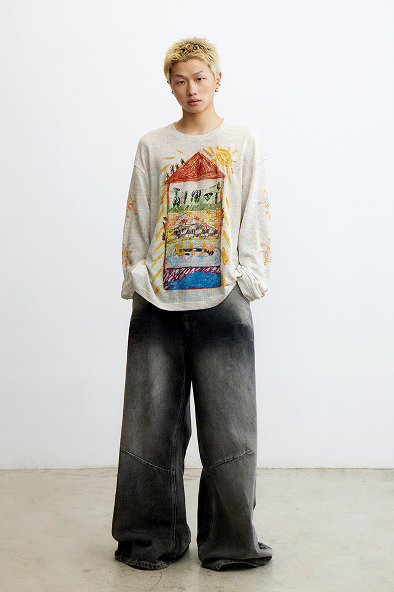 CONPCONP Doodle House Graphic Oversized Long-Sleeve Tee