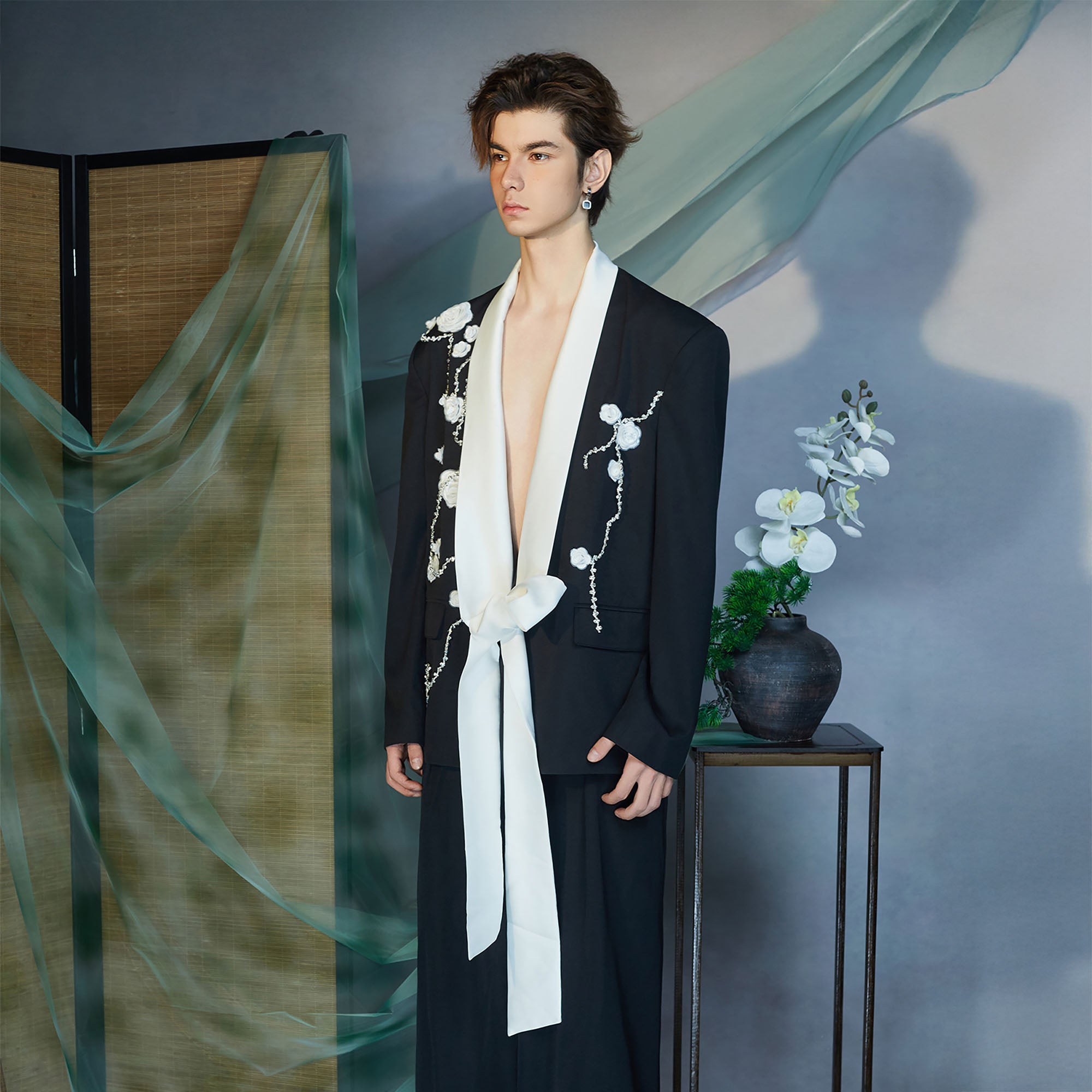 JIECHI Floral Embroidered Sash Tie Blazer