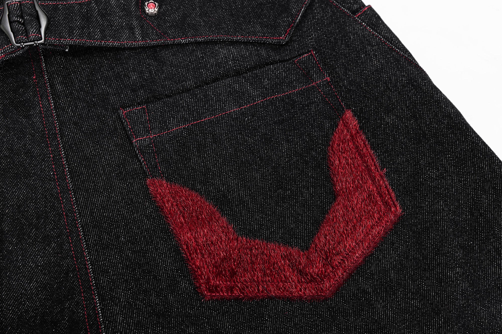 ESAIAS Vermilion Stitch Red Turquoise Curved Denim Pants, premium urban and streetwear designers apparel on PROJECTISR.com, ESAIAS