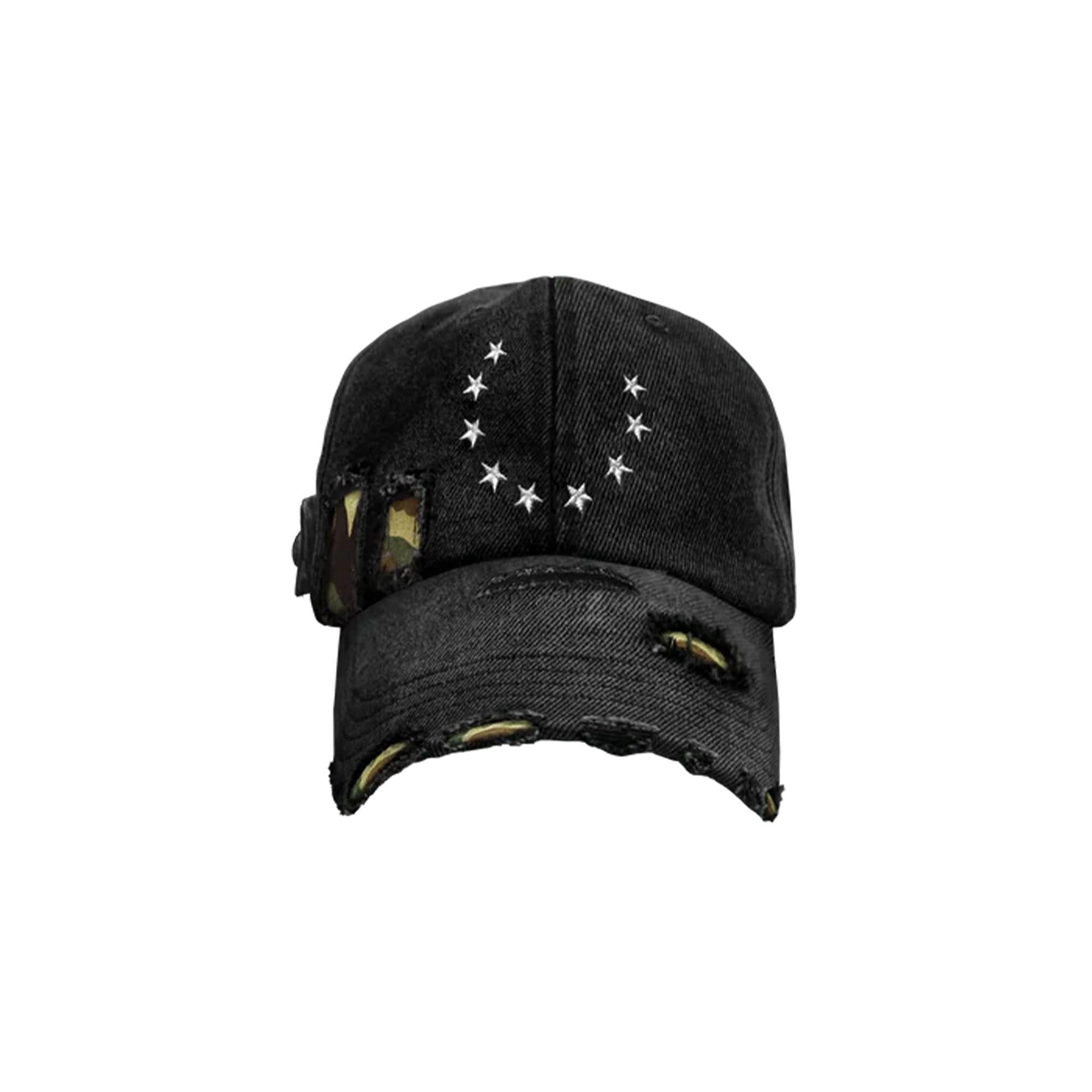 TECNINEGROUP Camo Distressed Panel Star Embroidered Cap, premium urban and streetwear designers apparel on PROJECTISR.com, TECNINEGROUP