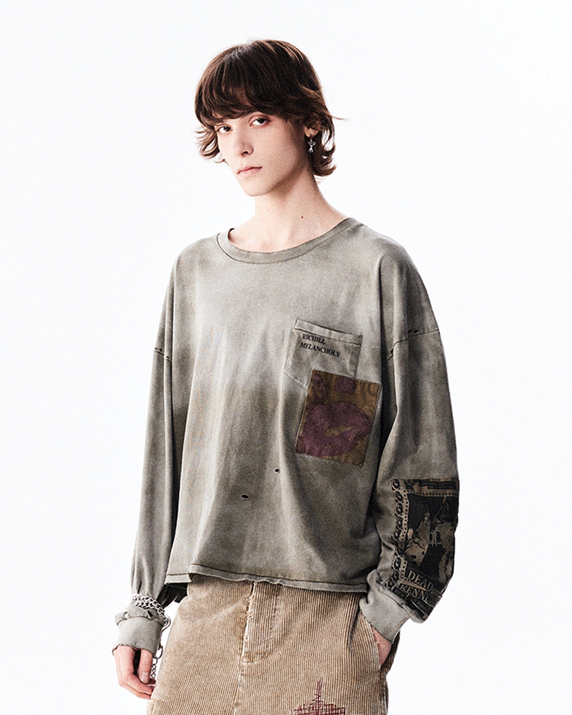 RICHILL Patchwork Ripped Washed Long-Sleeve Tee