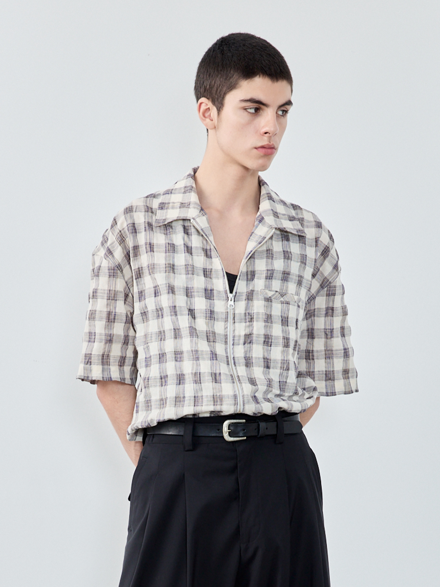 GRAINMUSTARD Retro Plaid Zip Half Shirt, premium urban and streetwear designers apparel on PROJECTISR.com, GRAINMUSTARD