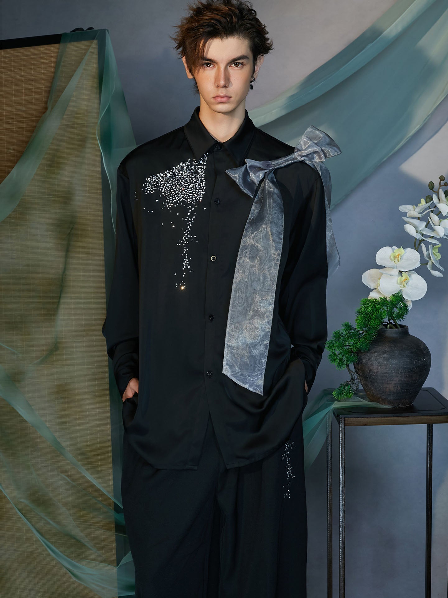 JIECHI Organza-Bow & Diamond Shirt, premium urban and streetwear designers apparel on PROJECTISR.com, JIECHI