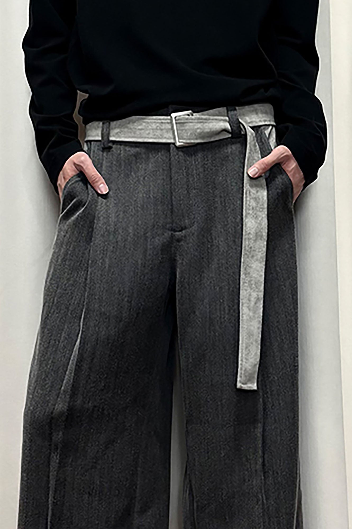 KREATE Suede Belt Striped Pleat Trousers