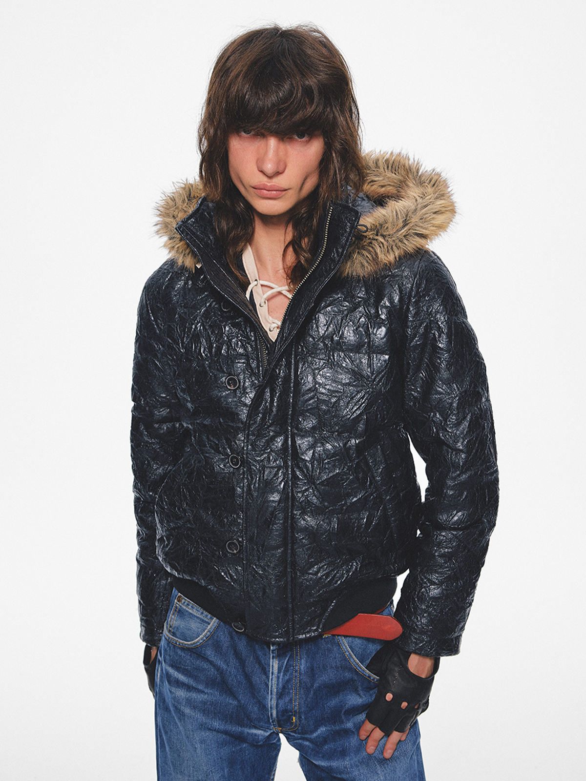 TRECLUB Crinkled Faux Leather Fur-Collar Hooded Jacket, premium urban and streetwear designers apparel on PROJECTISR.com, TRECLUB
