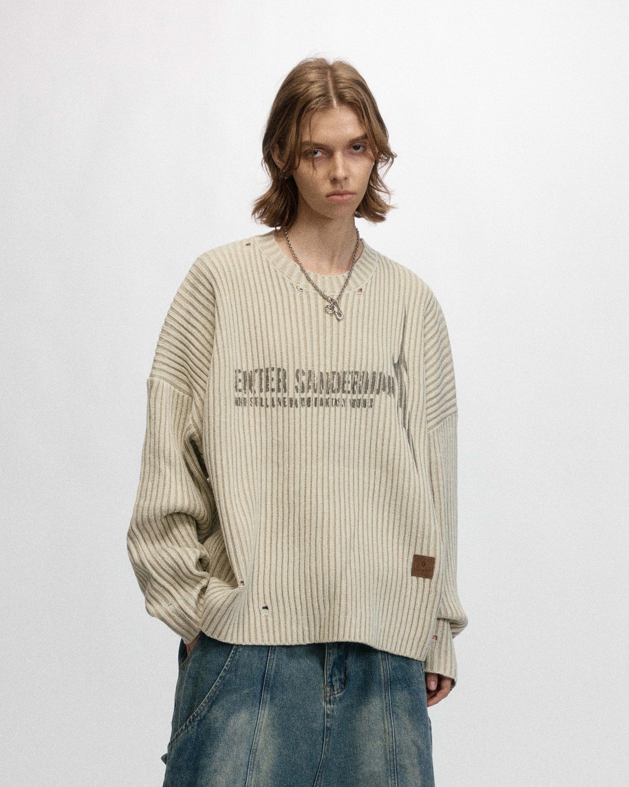 OVDY Faded Ripped Slogan Raw Edge Sweater