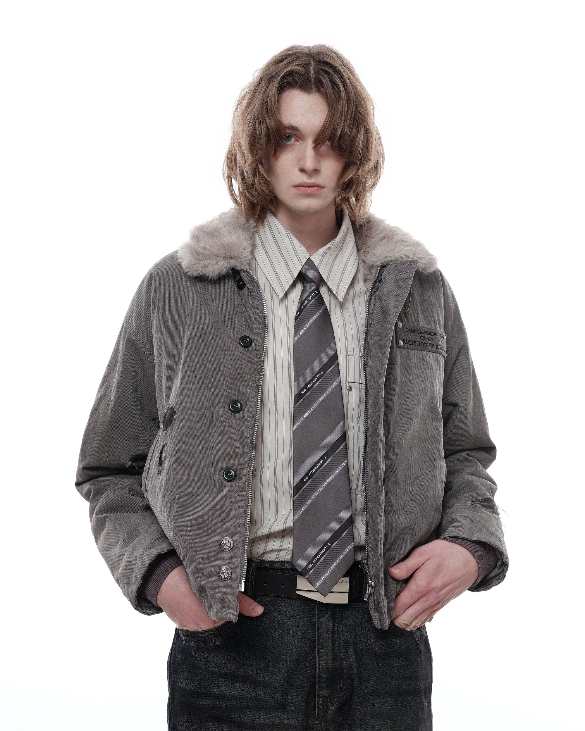 FACEONLAB Distressed Reversible Fuzzy N1 Military Jacket Grey