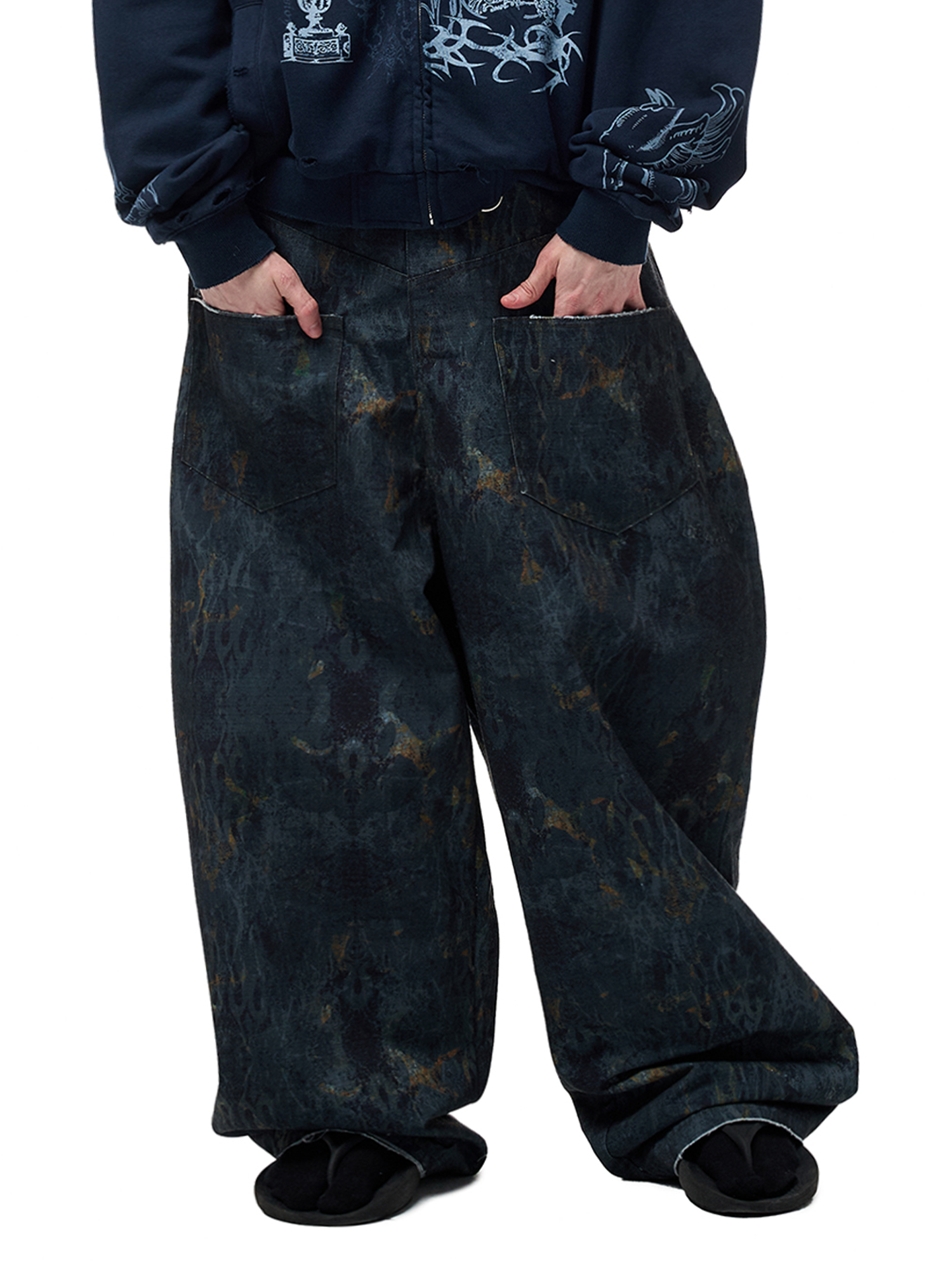CYCYCY Washed Mottled Flame Graphic Denim Pants