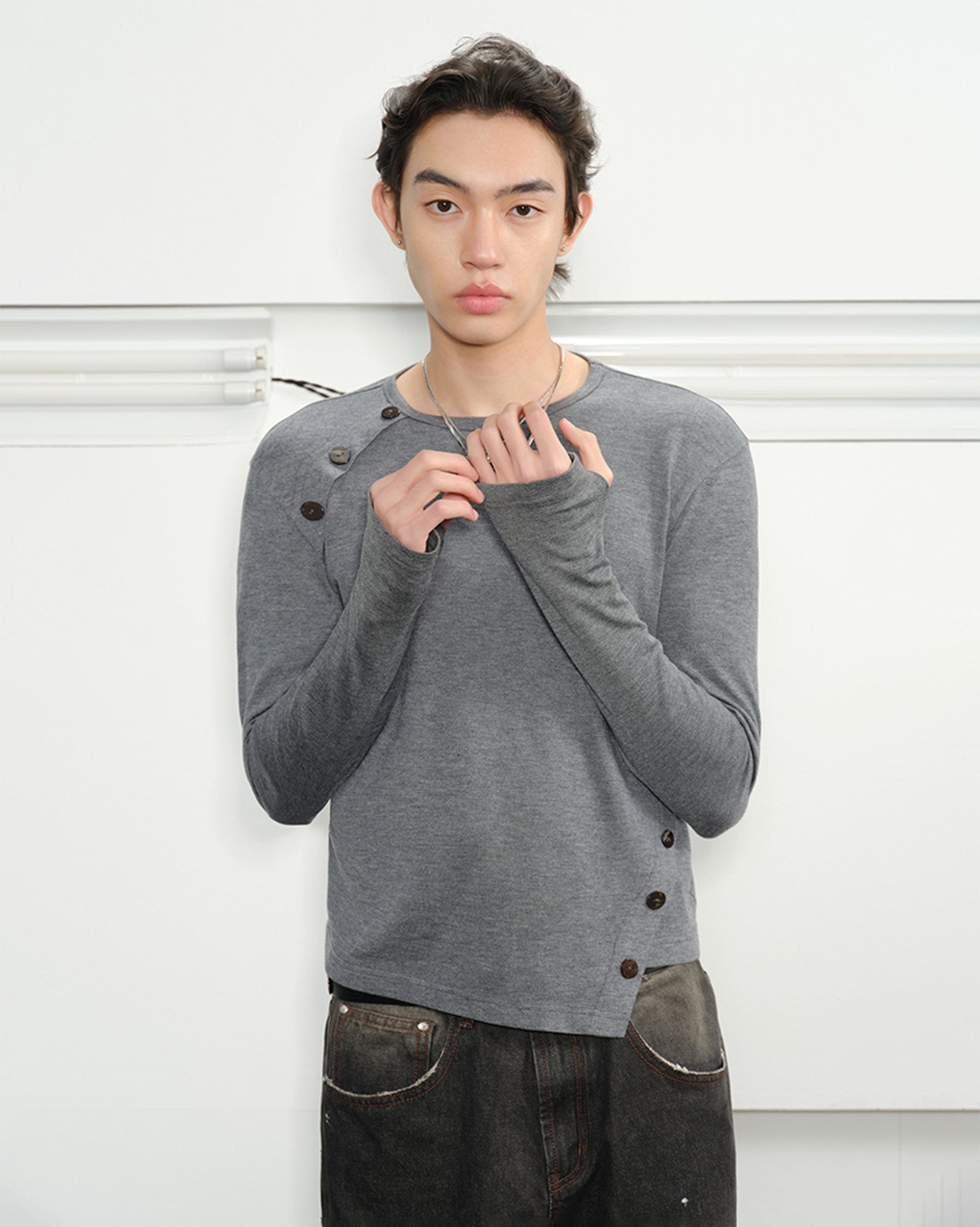 KREATE Deconstructed Asymmetrical Buttoned Long-Sleeve Tee