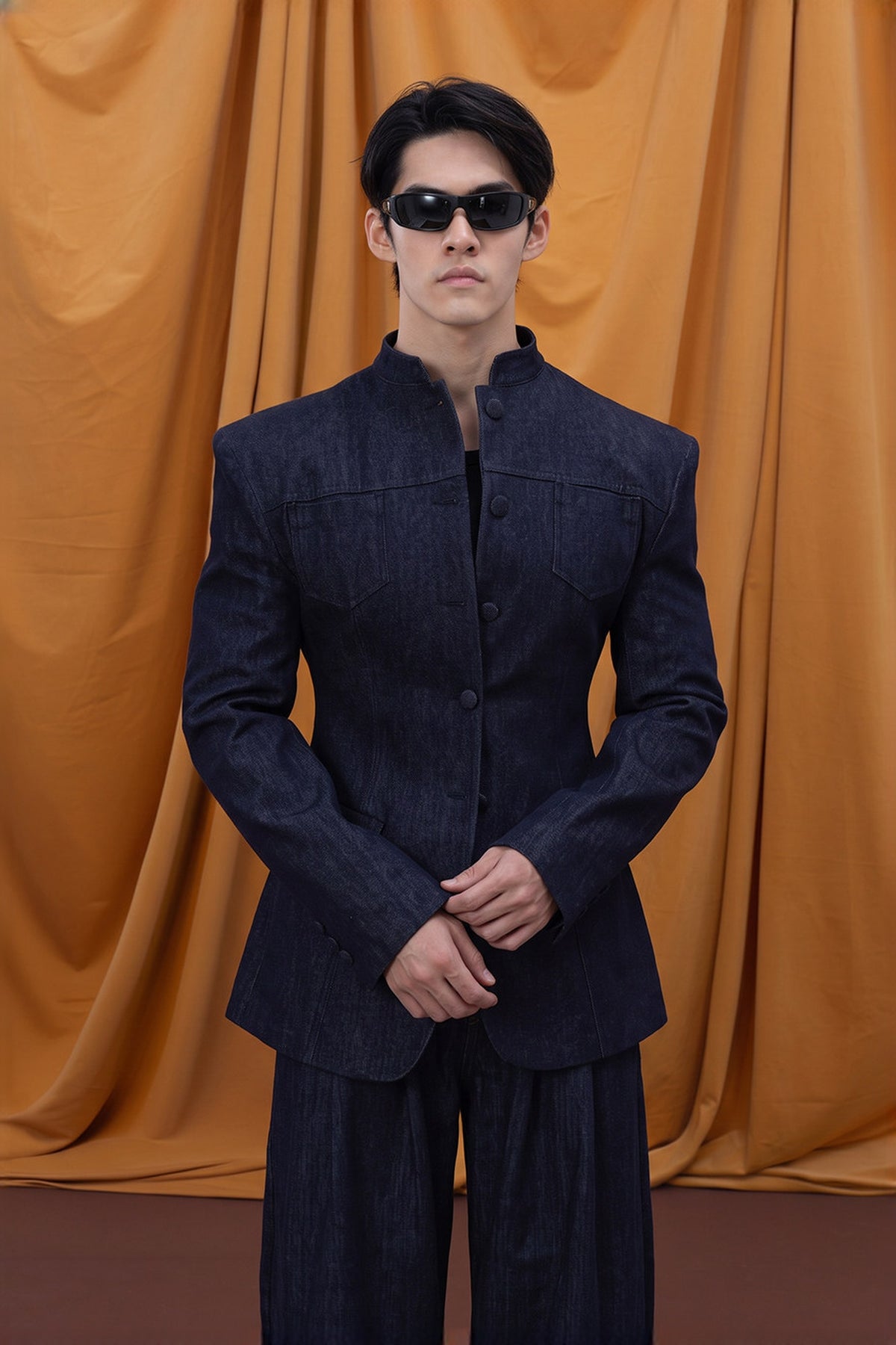 CLP Mandarin Collar Multi-Pocket Fitted Denim Jacket — half body