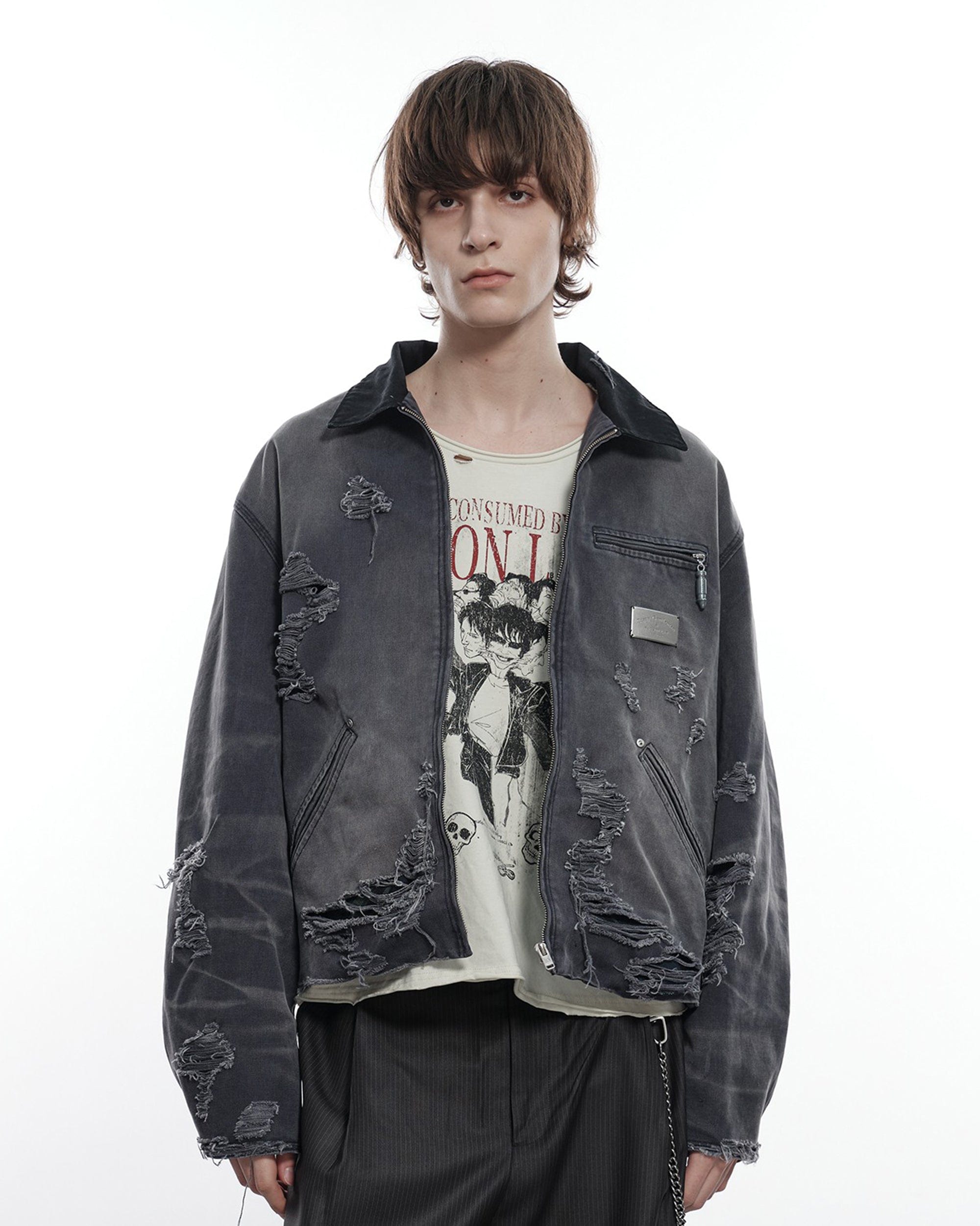 FACEONLAB Raw-Edge Ripped Rivet Metal Emblem Jacket Grey