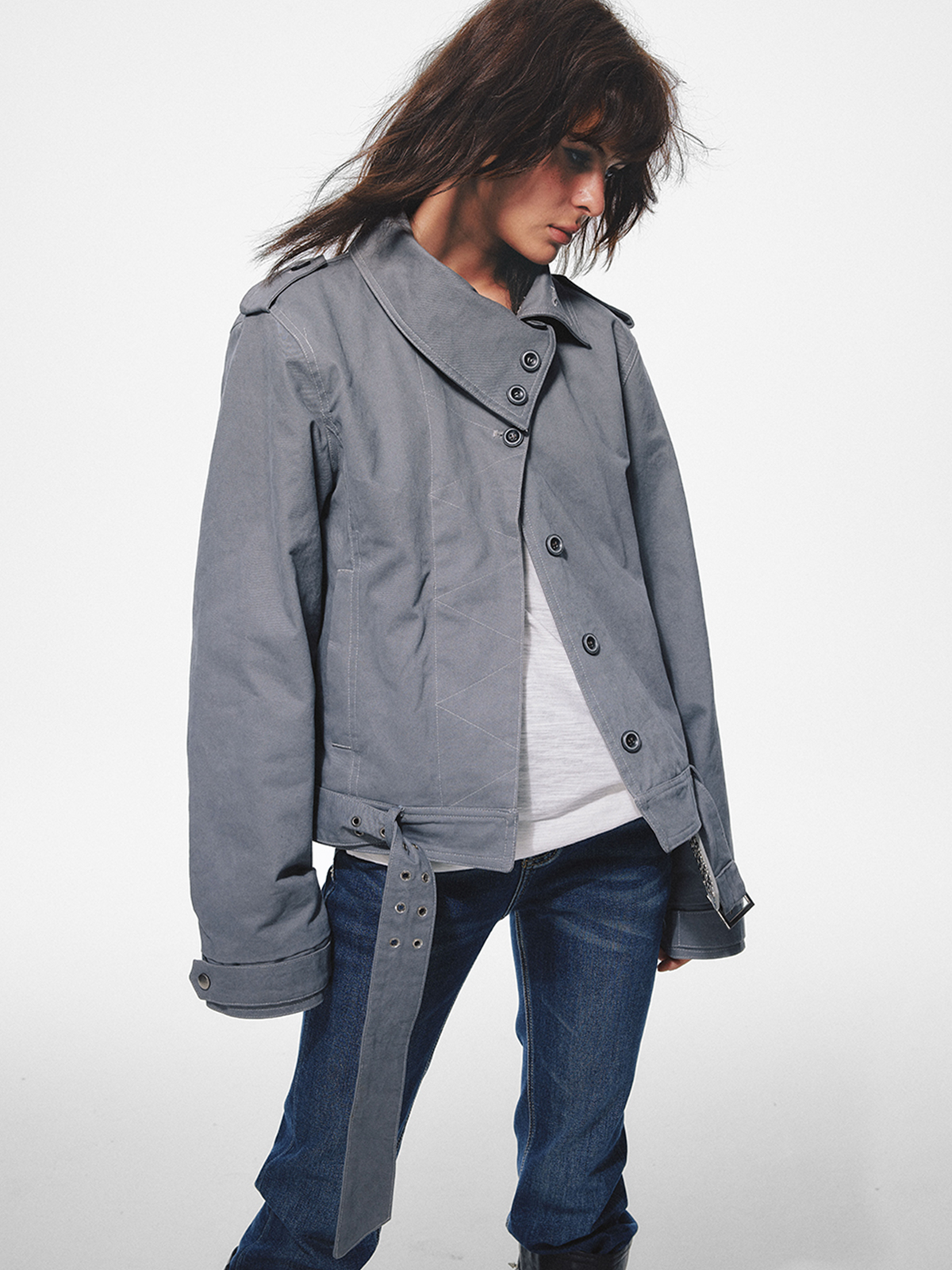 TRECLUB Retro Belted Eyelet Lapel Cotton-Padded Jacket, premium urban and streetwear designers apparel on PROJECTISR.com, TRECLUB