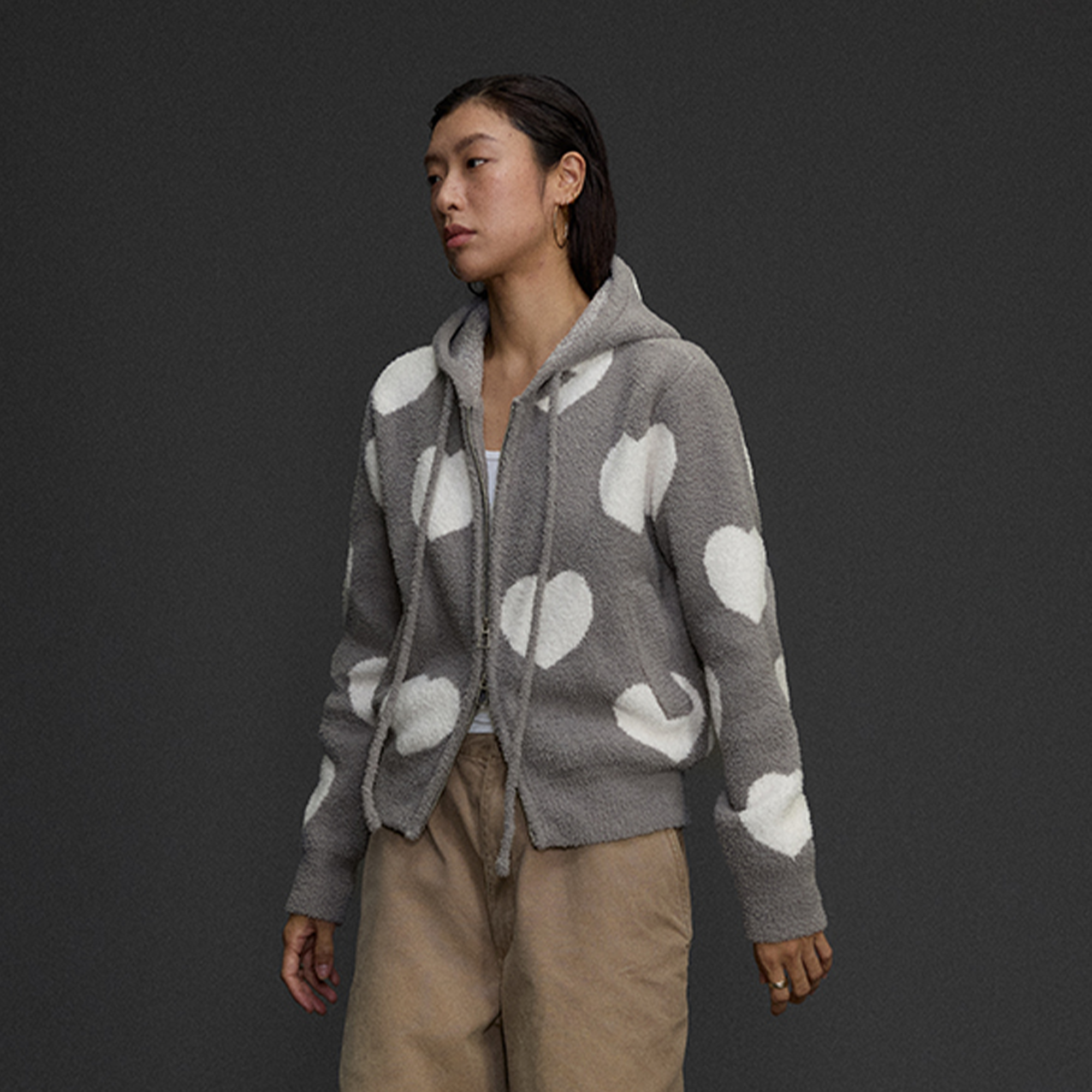 NIANJIUYIKOUER Fuzzy Heart Jacquard Zip-Up Hoodie Cardigan, premium urban and streetwear designers apparel on PROJECTISR.com, NIANJIUYIKOUER