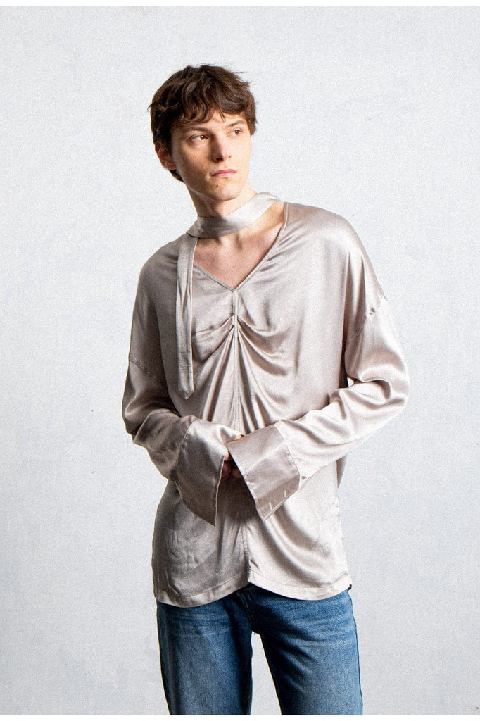 LEONSENSE Necktie Crinkled V-Neck Silky Shirt, premium urban and streetwear designers apparel on PROJECTISR.com, LEONSENSE