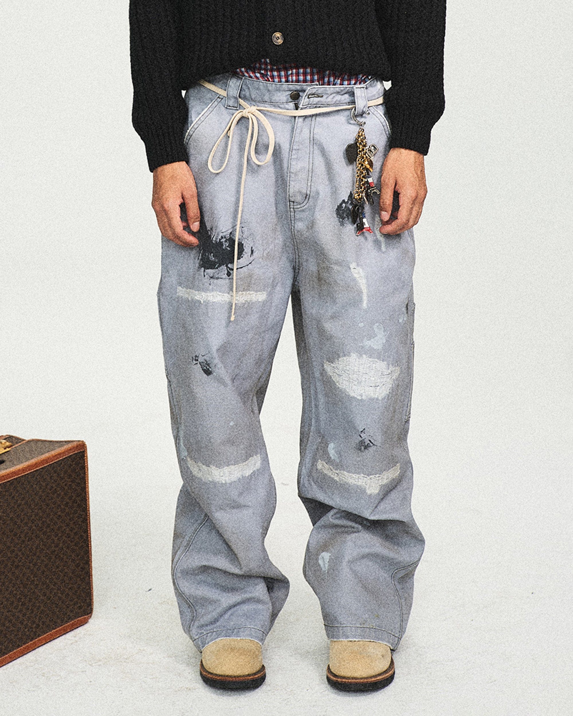 STEEPC Distressed Spliced Wide-Leg Pant