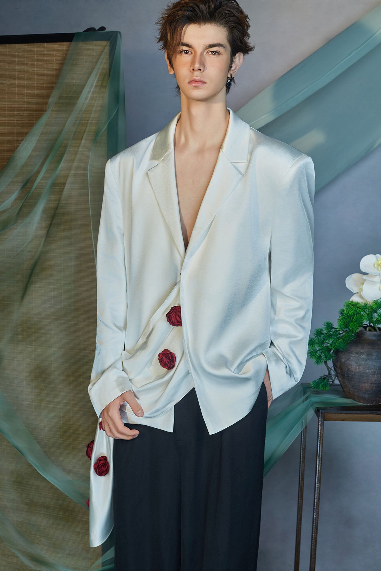 JIECHI Rose Embellished Draped Satin Blazer