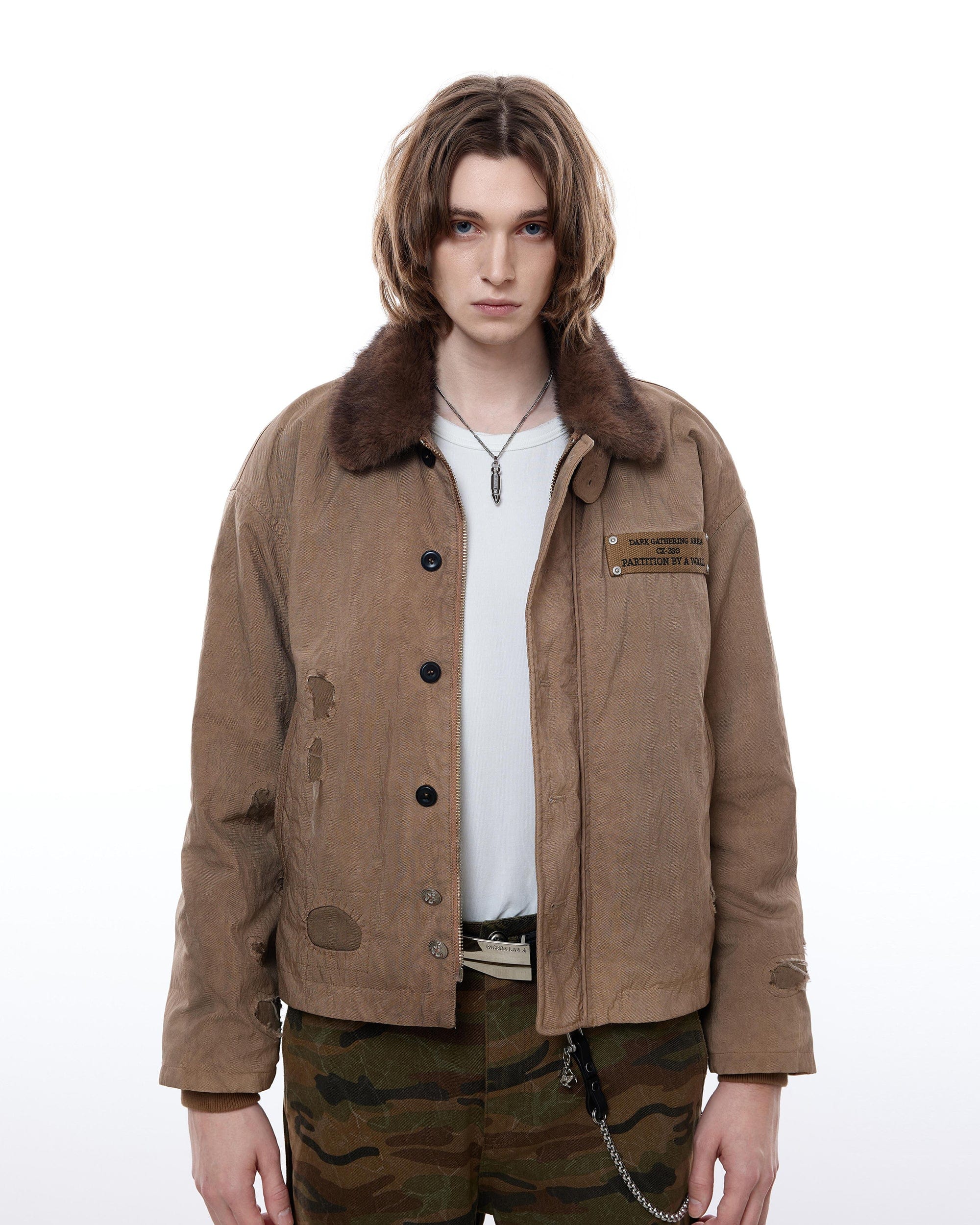 FACEONLAB Distressed Reversible Fuzzy N1 Military Jacket Khaki