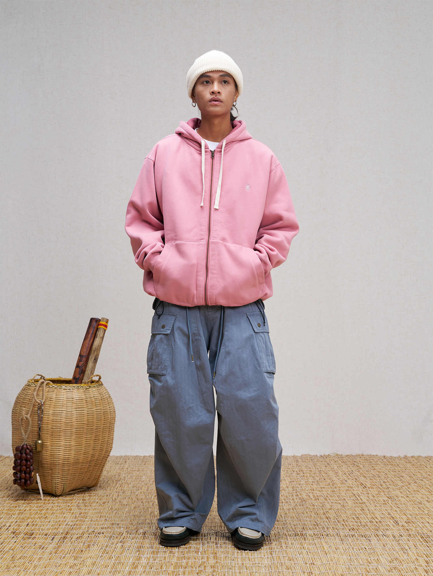 UNLIMITED MOTE Embroidered Waffle Lining Drawstring Hood Jacket