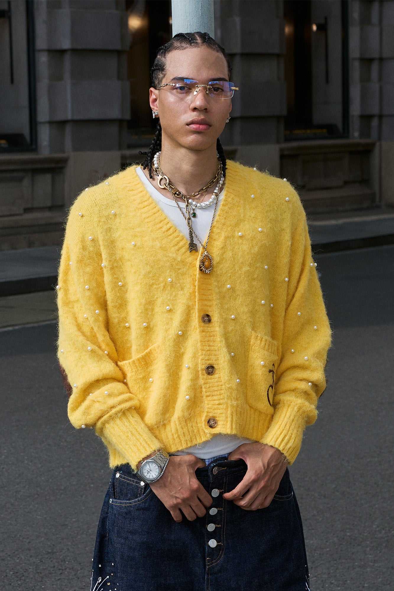 STEEPC Pearl-Studded Contrast Elbow Patch Cardigan