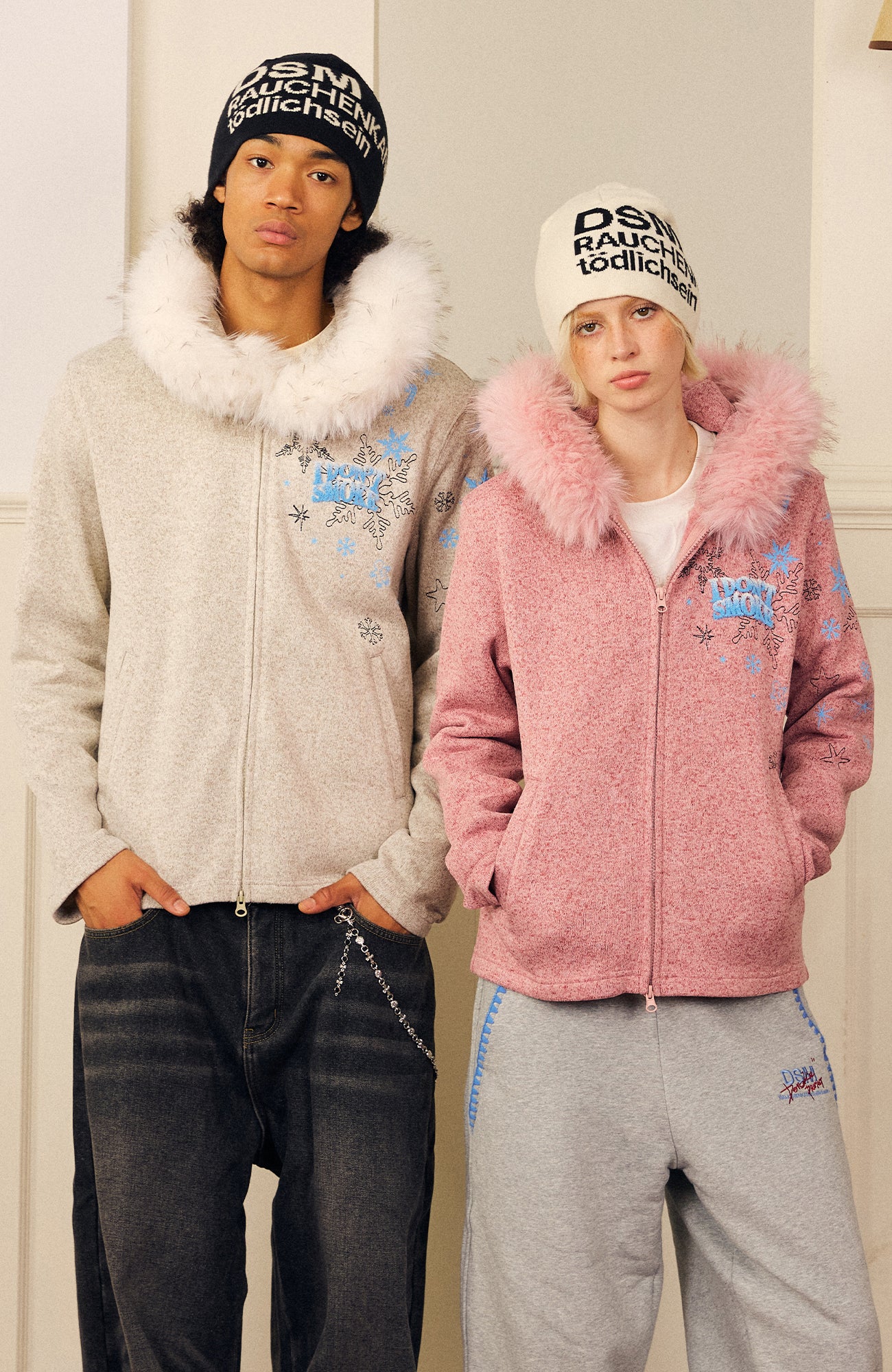 DONSMOKE Snowflake Embroidered Fleece-Lined Zip-Up Hoodie