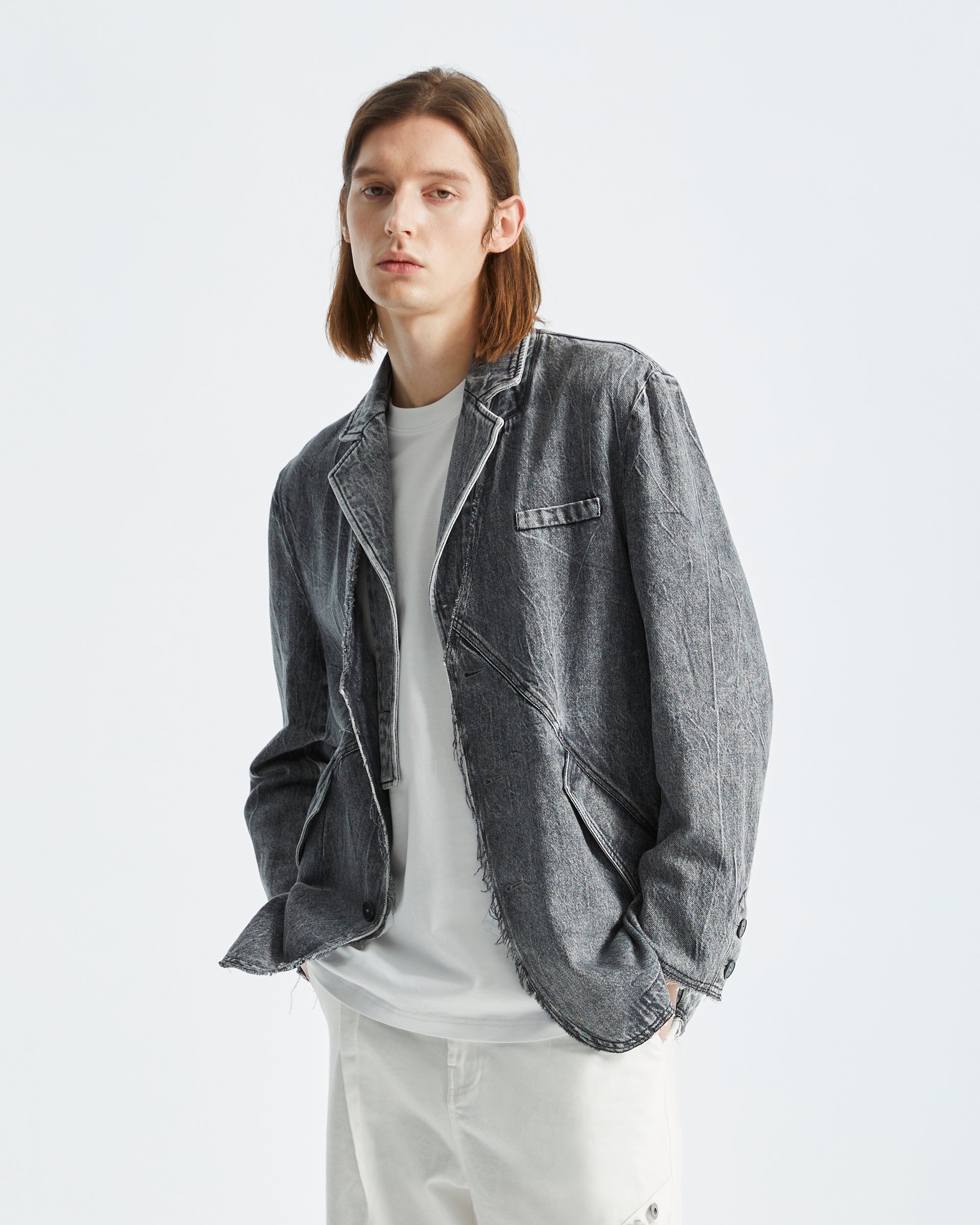 ORGANIC EMOTION Deconstructed Washed Detachable Collar Denim Blazer