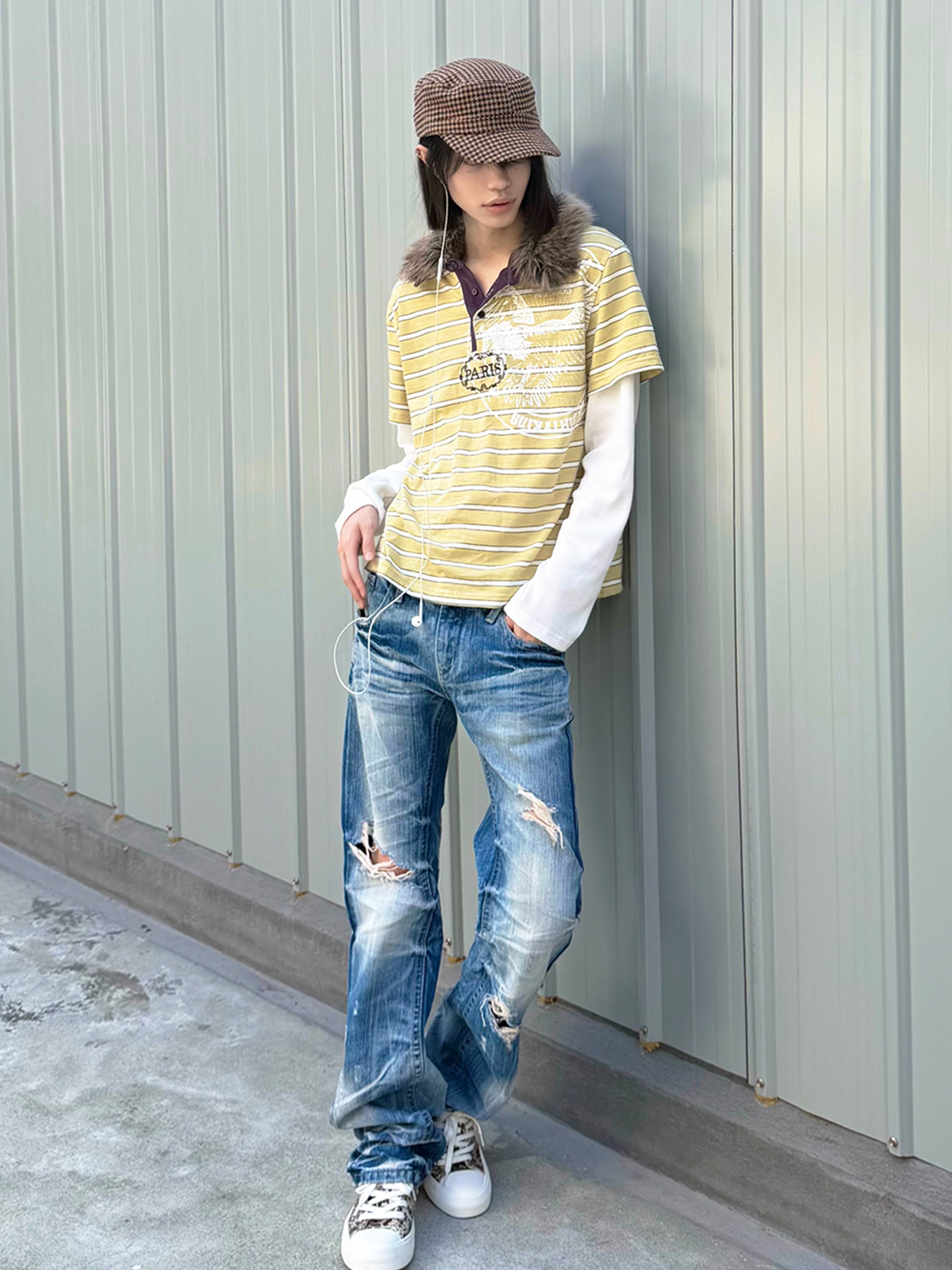 TRECLUB Fur-Collar Embroidered Striped Layered Long-Sleeve Tee