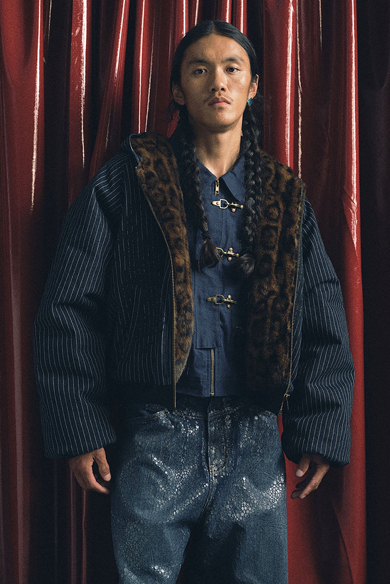 TRECLUB Leopard Lining Striped Bomber Jacket