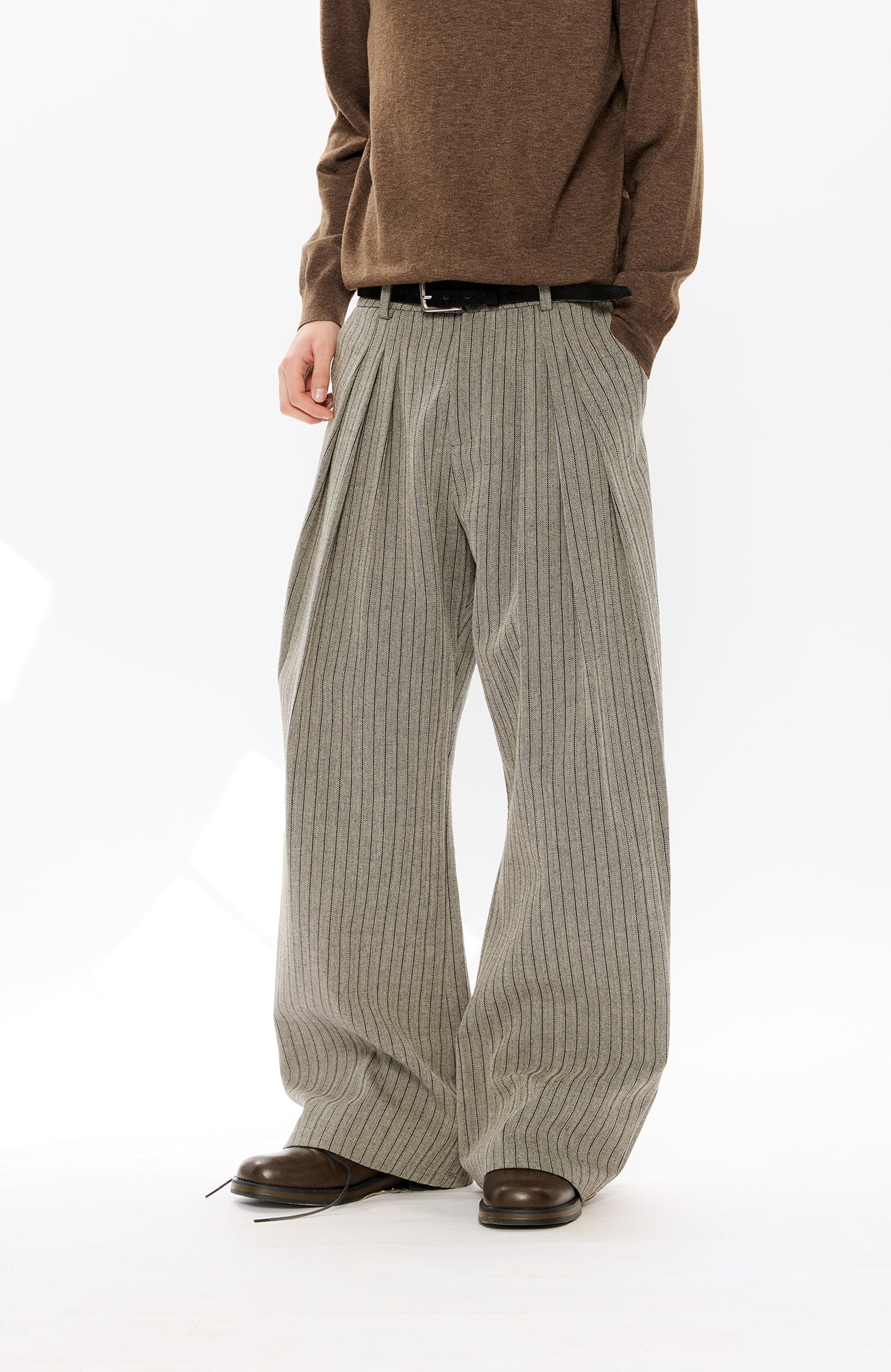 KREATE Pinstripe Pleated Draped Wide Trousers, premium urban and streetwear designers apparel on PROJECTISR.com, KREATE
