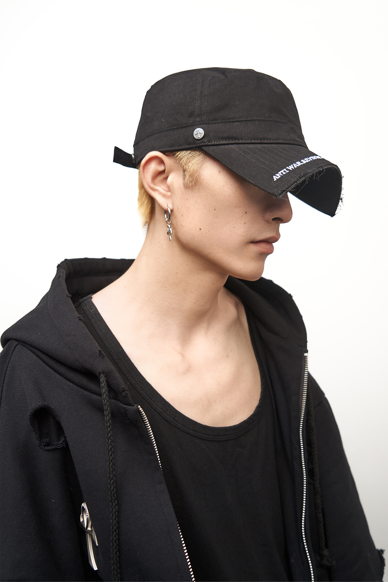ANTI WAR REVIVAL Embroidered Cross Studded Flat-Top Cap