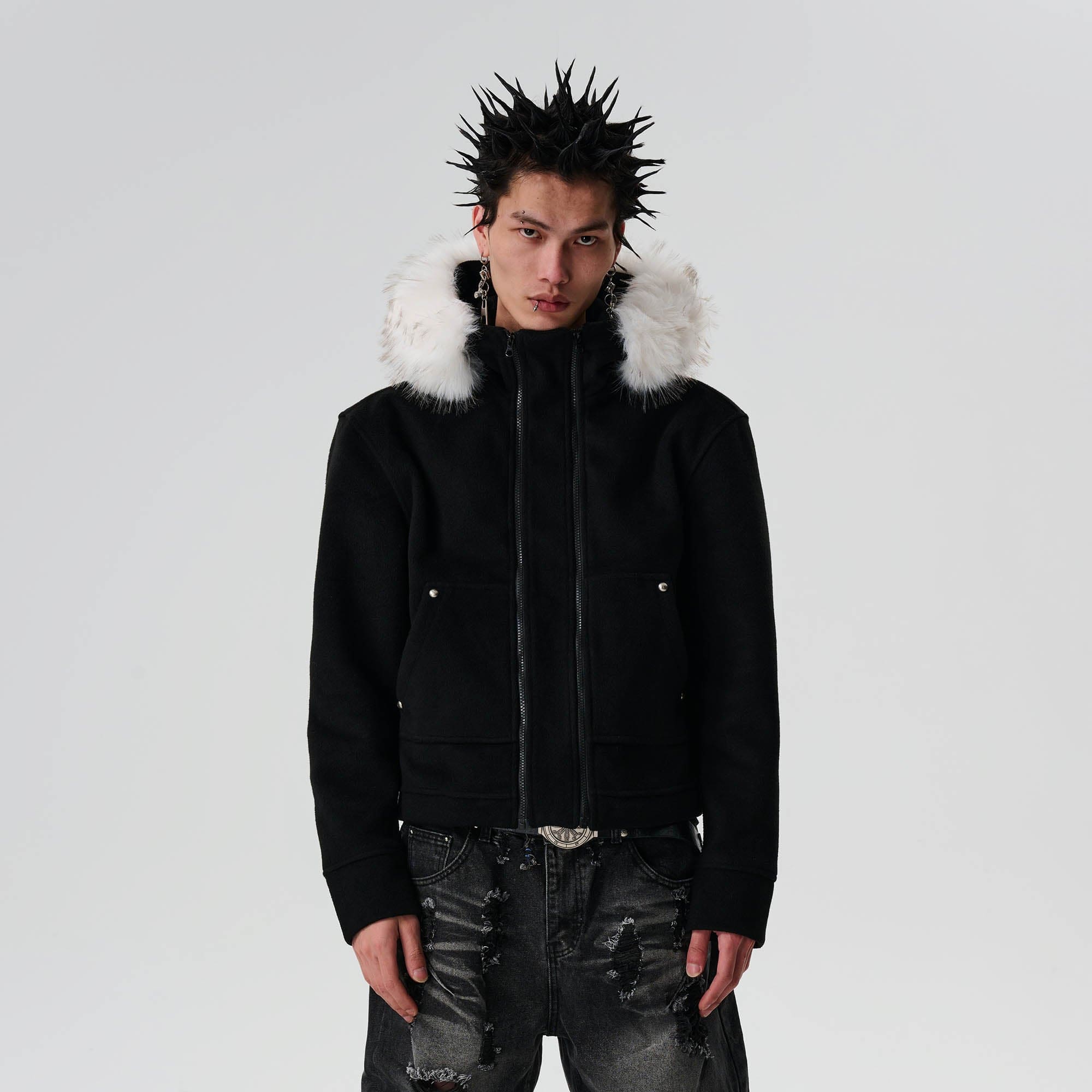 SAVAGEGROWTHWORLD Detachable Fur Collar Double-Zipper Coat