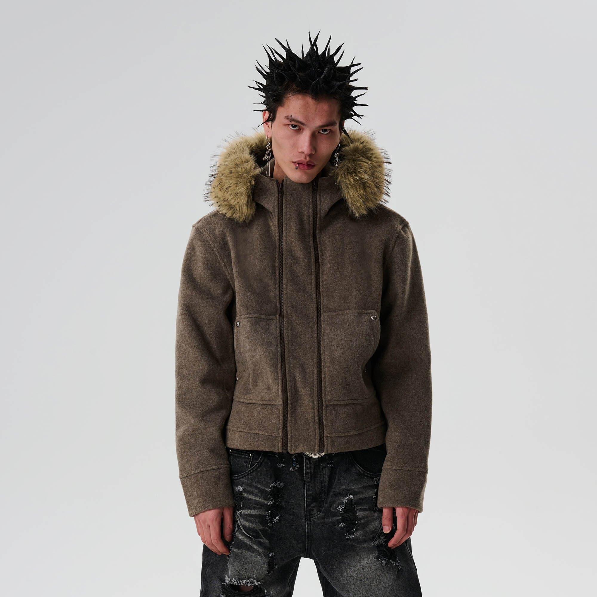 SAVAGEGROWTHWORLD Detachable Fur Collar Double-Zipper Coat