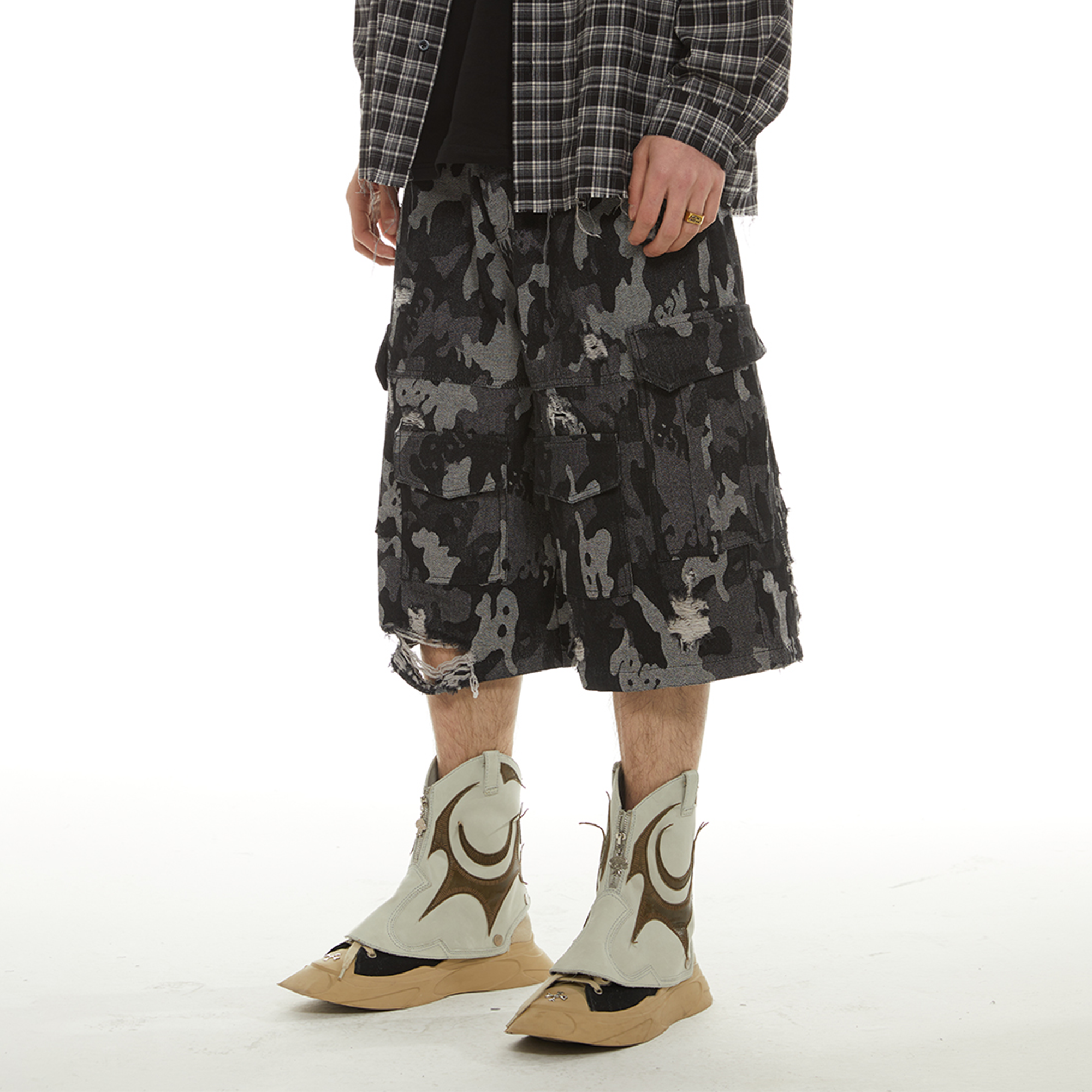 PASET Retro Distressed Camo Cargo Shorts