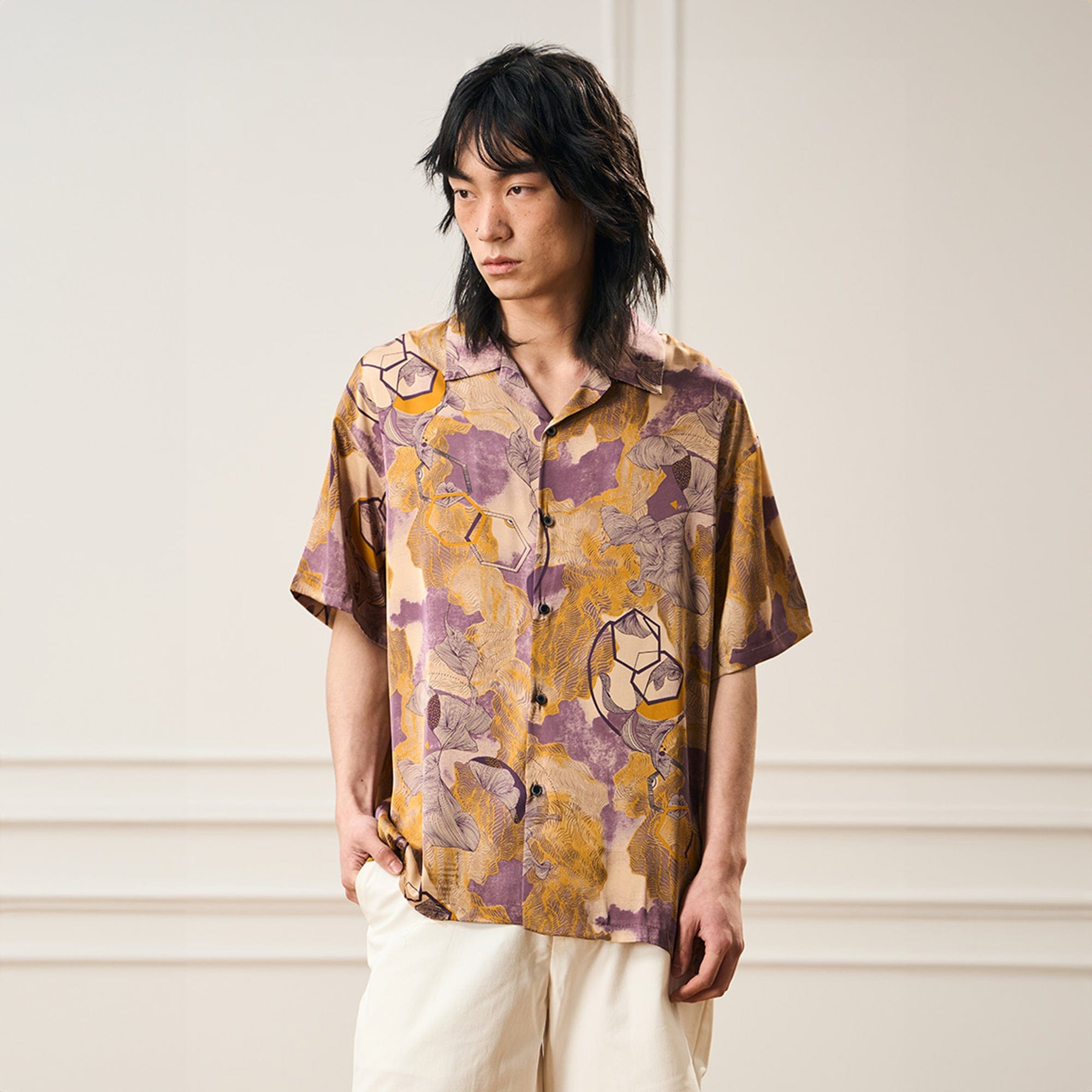 EPIC POETRY Botanic Geometry Satin Cuban Half Shirt, premium urban and streetwear designers apparel on PROJECTISR.com, EPIC POETRY