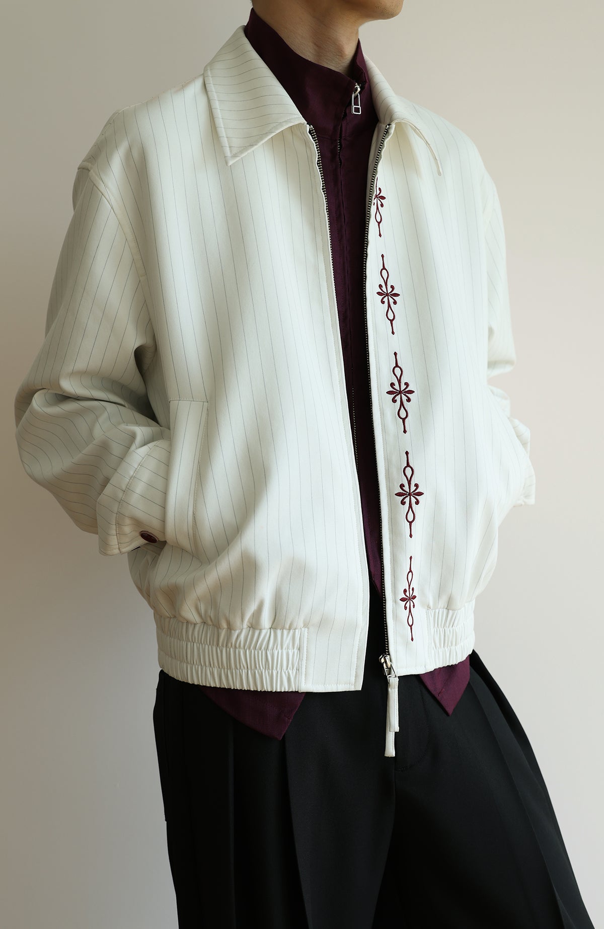 OKAYTHXBYE Cross-Stitch Embroidered Contrast Button Lapel Zip Jacket