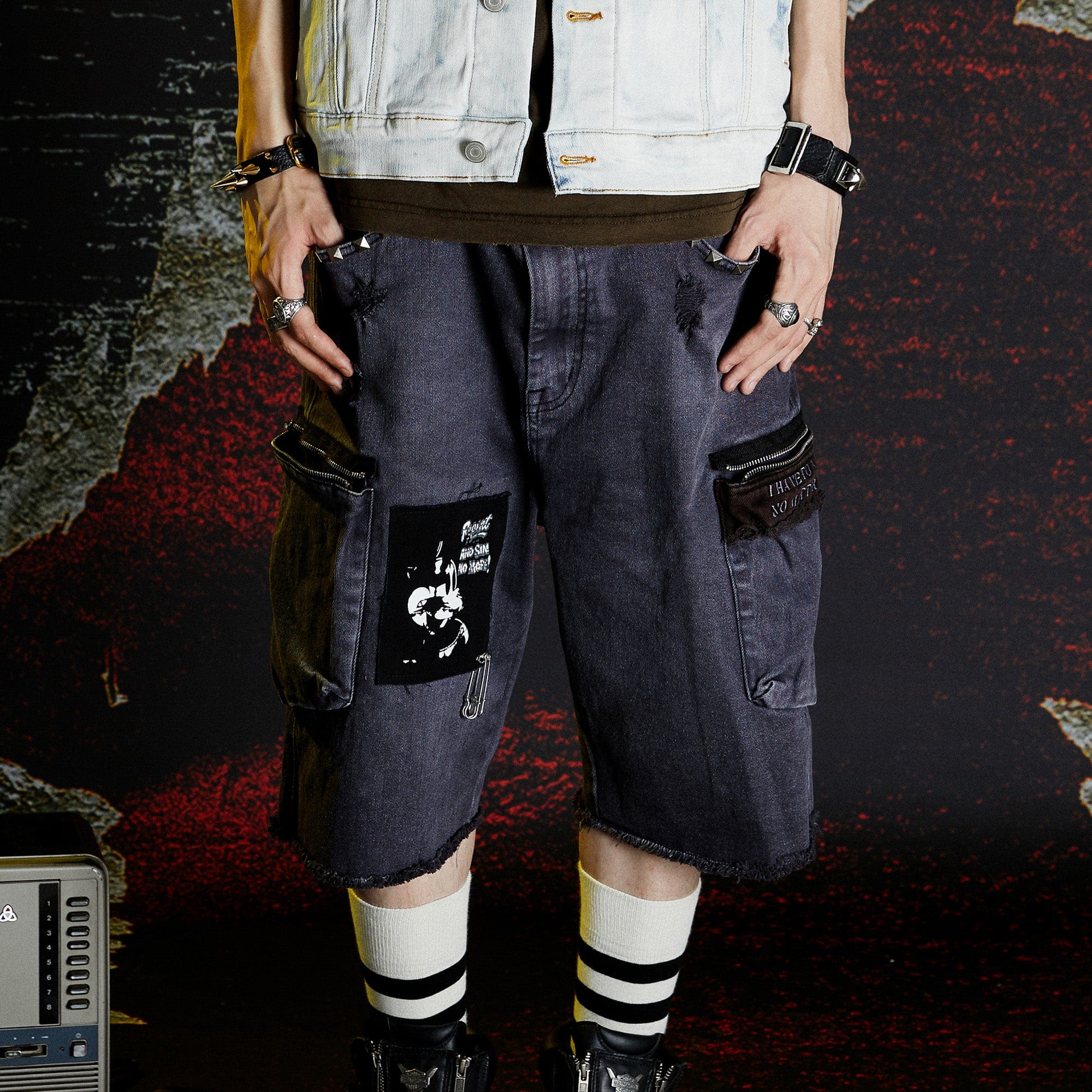 VENTUREK Washed Patch Studded Raw-Edge Shorts, premium urban and streetwear designers apparel on PROJECTISR.com, VENTUREK