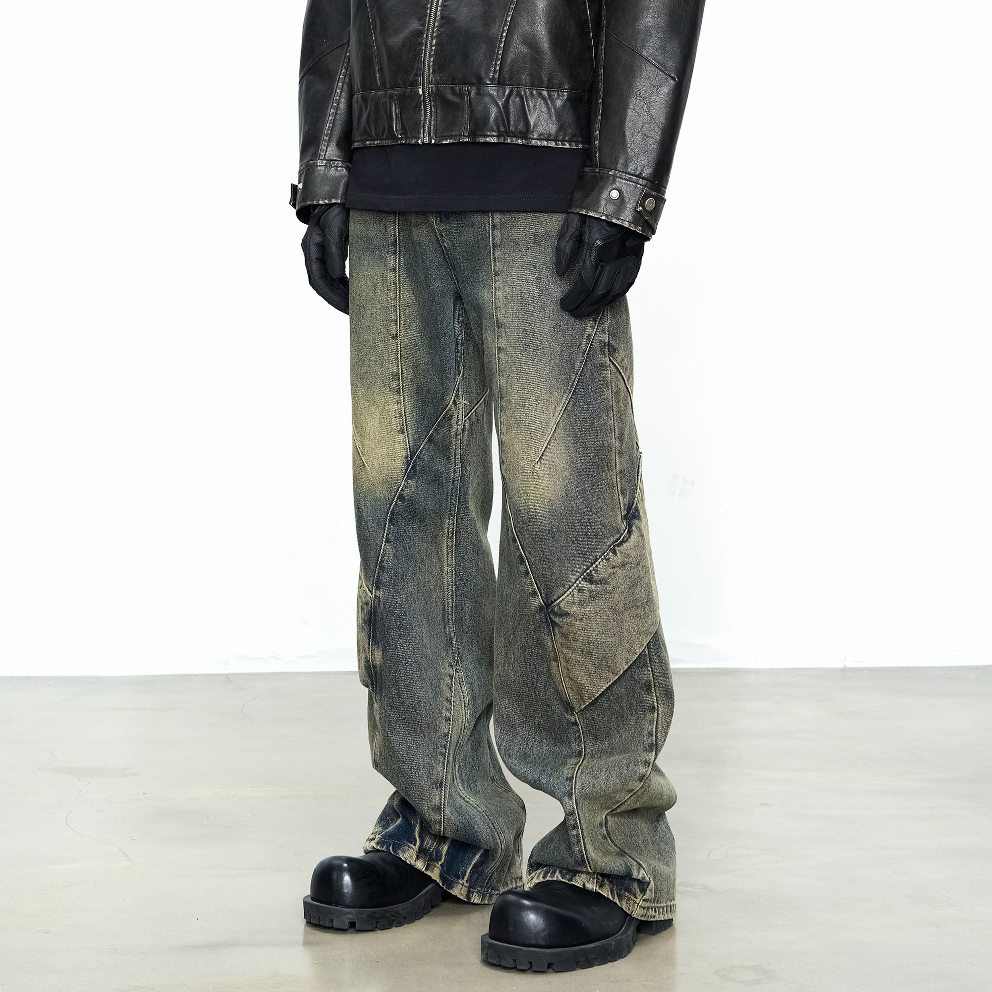 CATSSTAC Dirty Wash Paneled Wide-Leg Jeans, premium urban and streetwear designers apparel on PROJECTISR.com, CATSSTAC