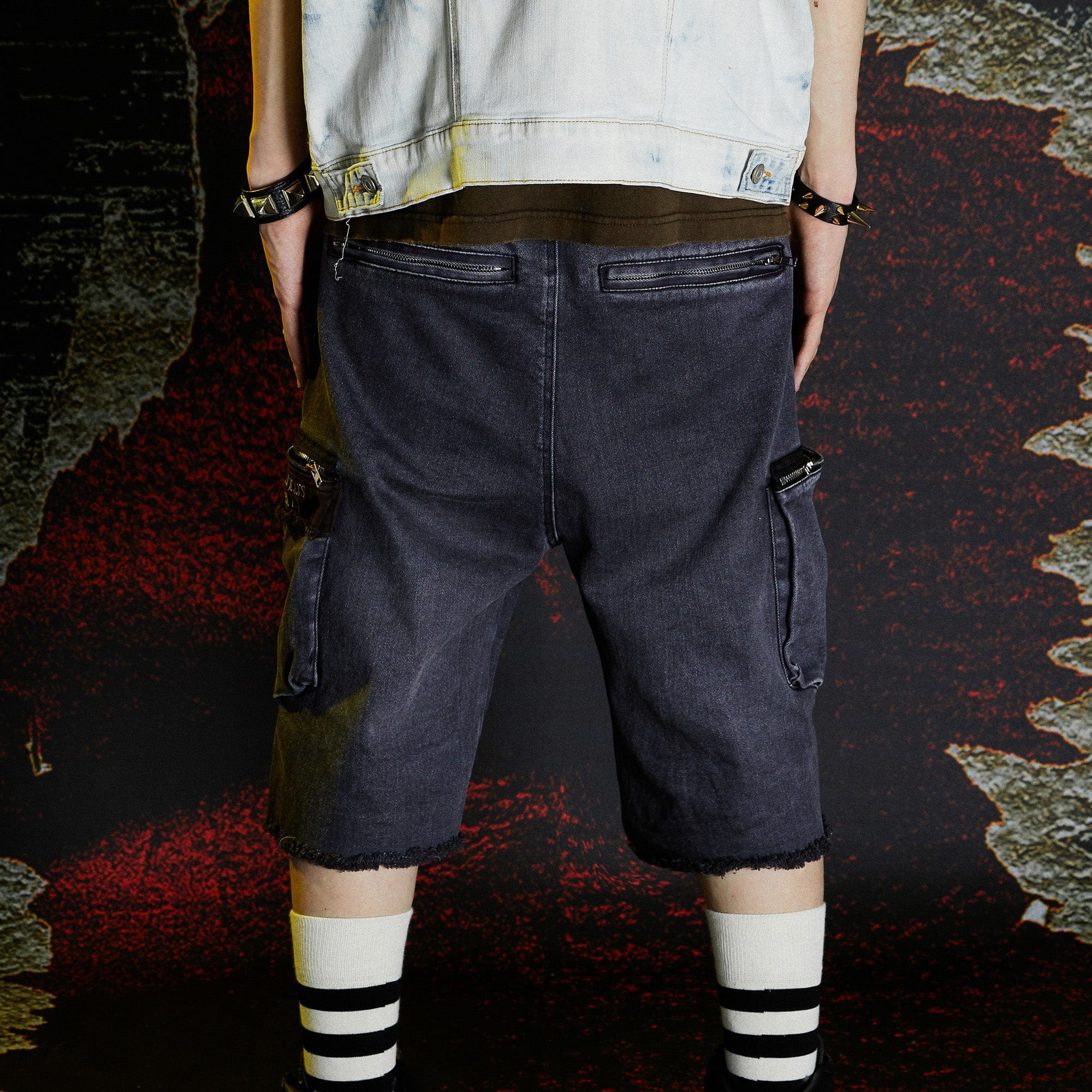 VENTUREK Washed Patch Studded Raw-Edge Shorts, premium urban and streetwear designers apparel on PROJECTISR.com, VENTUREK