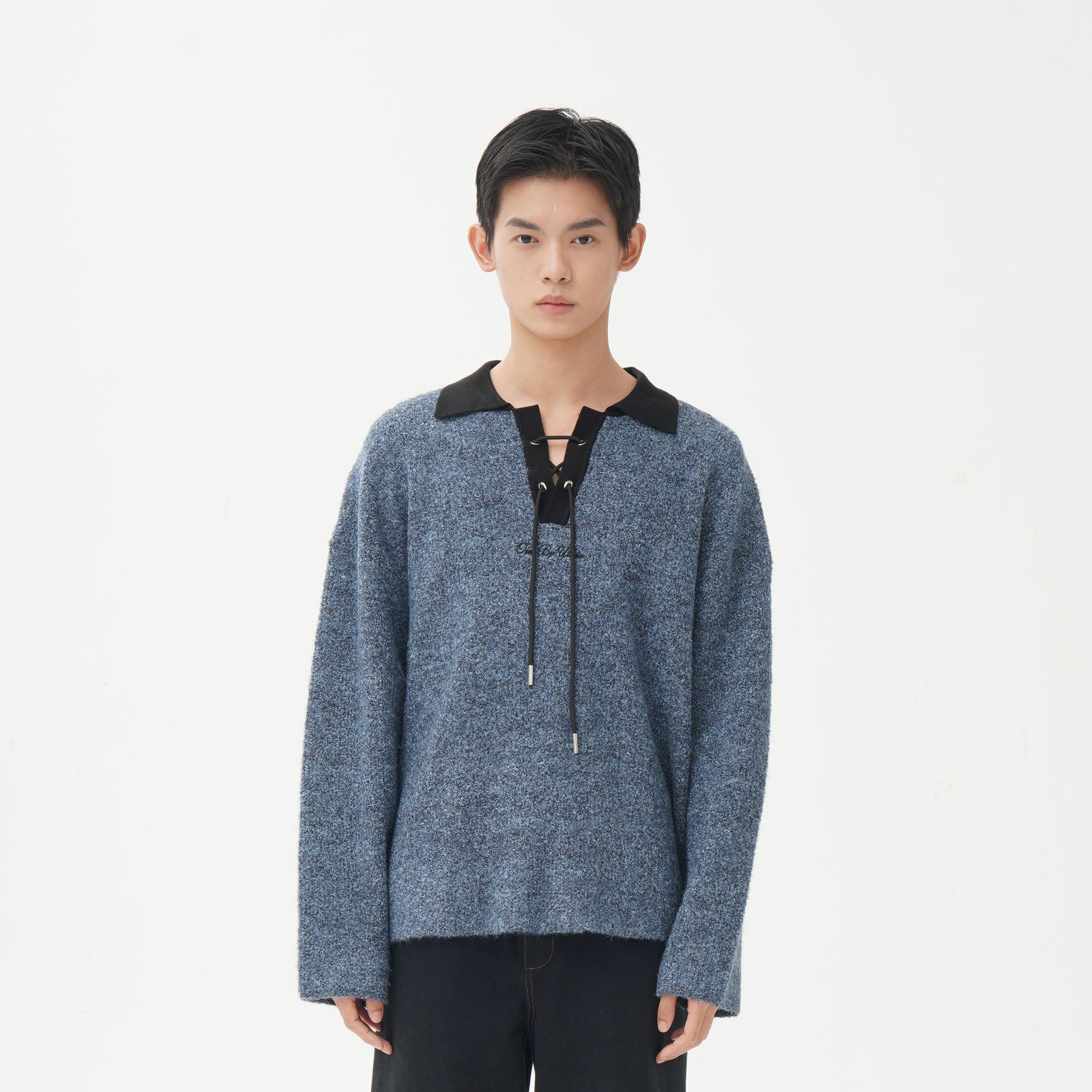 ORAL UTOPIA Lace-Up Polo Collar Knit Pullover