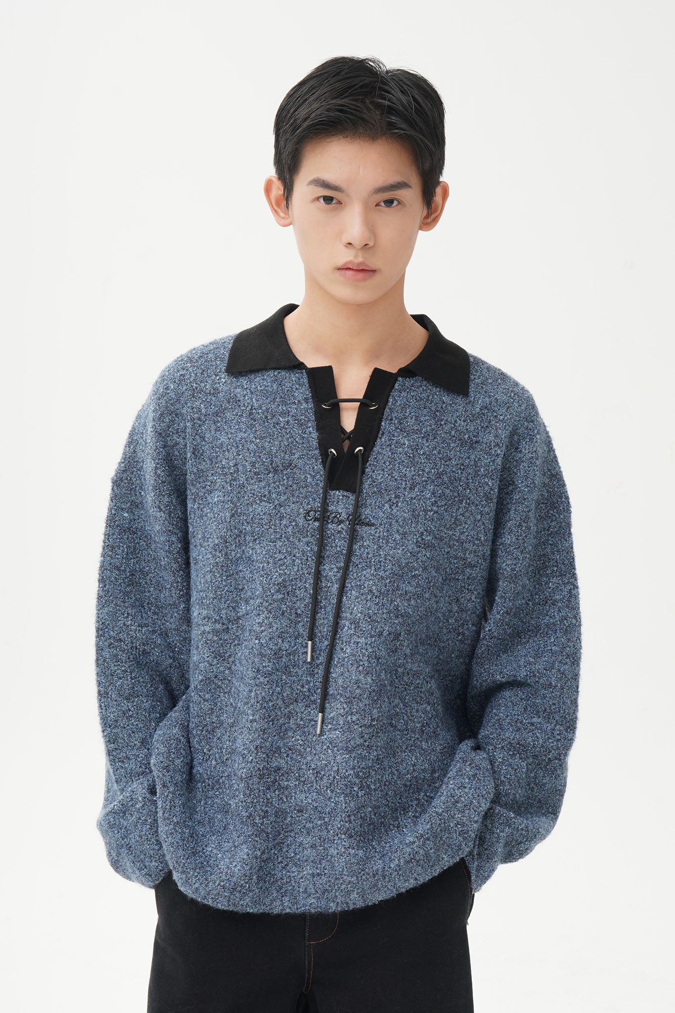 ORAL UTOPIA Lace-Up Polo Collar Knit Pullover