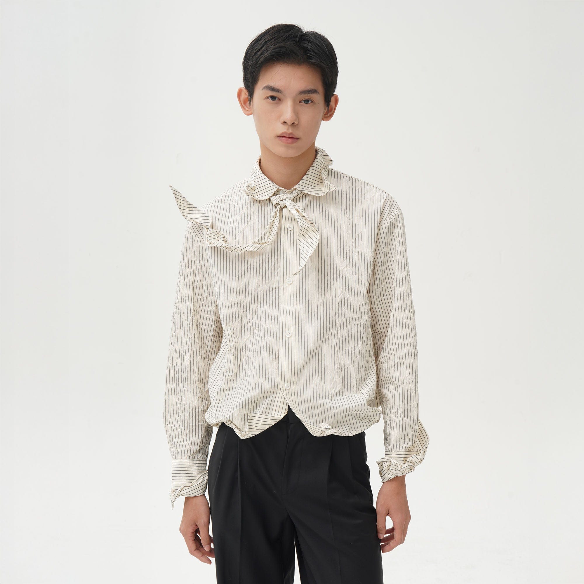 ORAL UTOPIA Crinkled Stripe Memory Pleated Tie-Neck Shirt, premium urban and streetwear designers apparel on PROJECTISR.com, ORAL UTOPIA