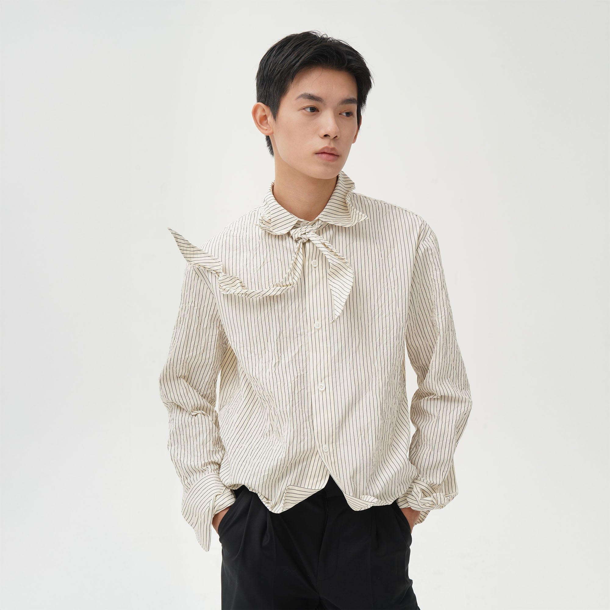 ORAL UTOPIA Crinkled Stripe Memory Pleated Tie-Neck Shirt, premium urban and streetwear designers apparel on PROJECTISR.com, ORAL UTOPIA
